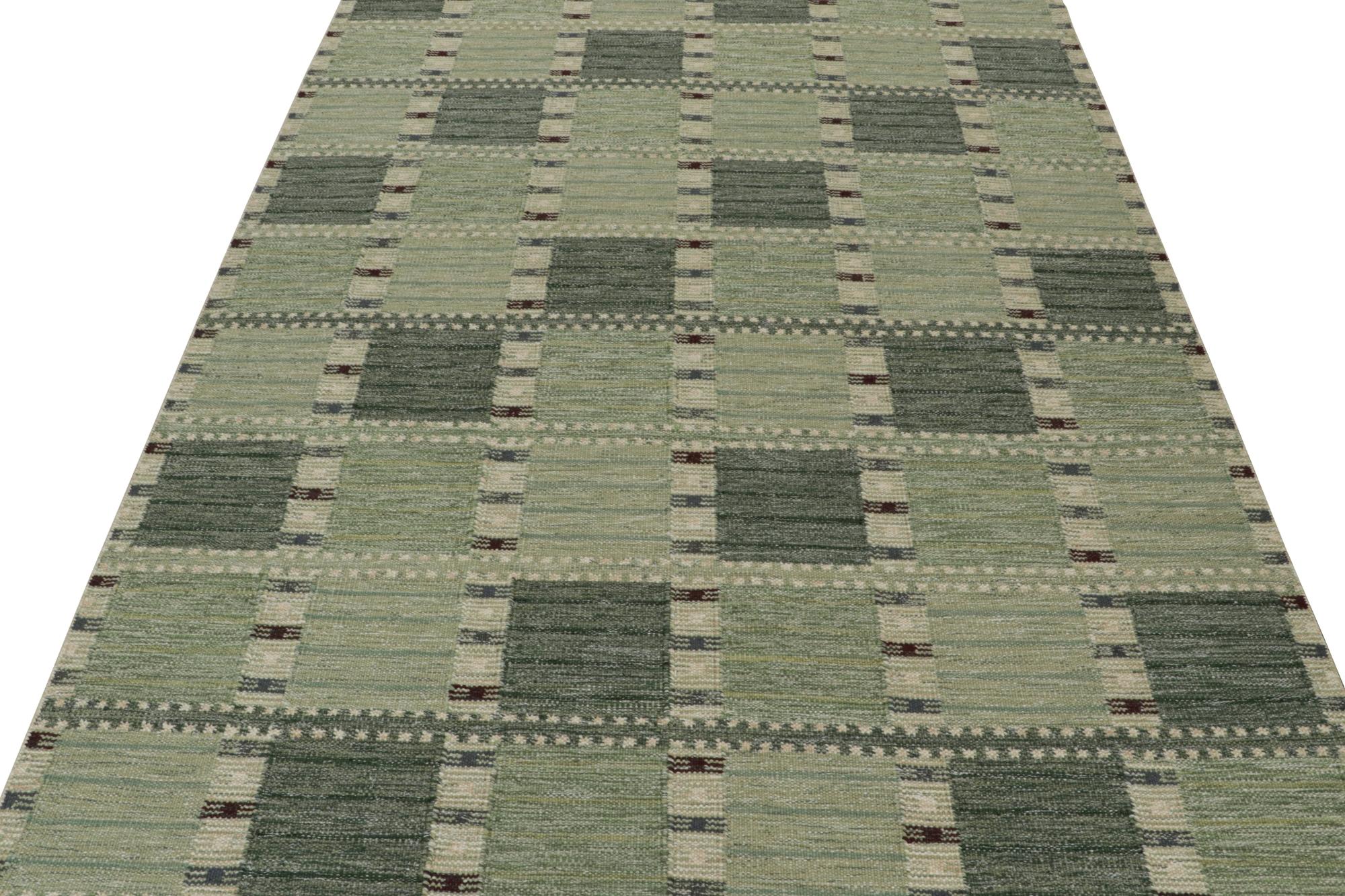 Indian Rug & Kilim’s Scandinavian Style Kilim with Geometric Patterns in Tones of Green For Sale