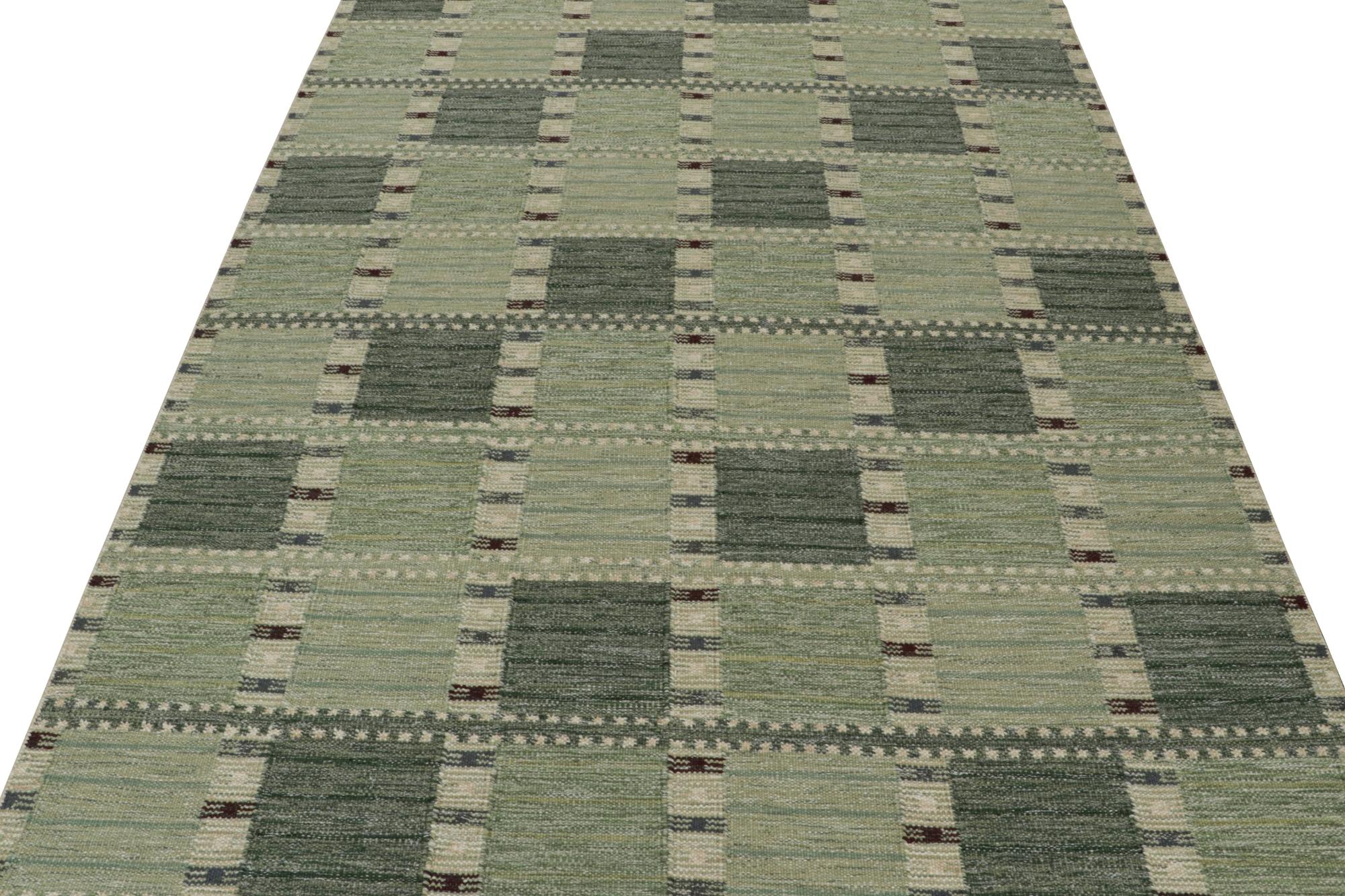 Hand-Knotted Rug & Kilim’s Scandinavian Style Kilim with Geometric Patterns in Tones of Green For Sale