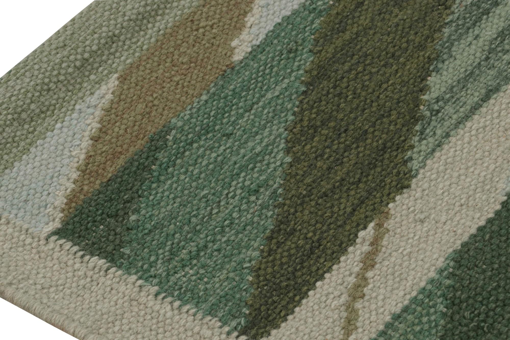 Hand-Woven Rug & Kilim’s Scandinavian Style Kilim with Geometric Patterns in Tones of Green For Sale