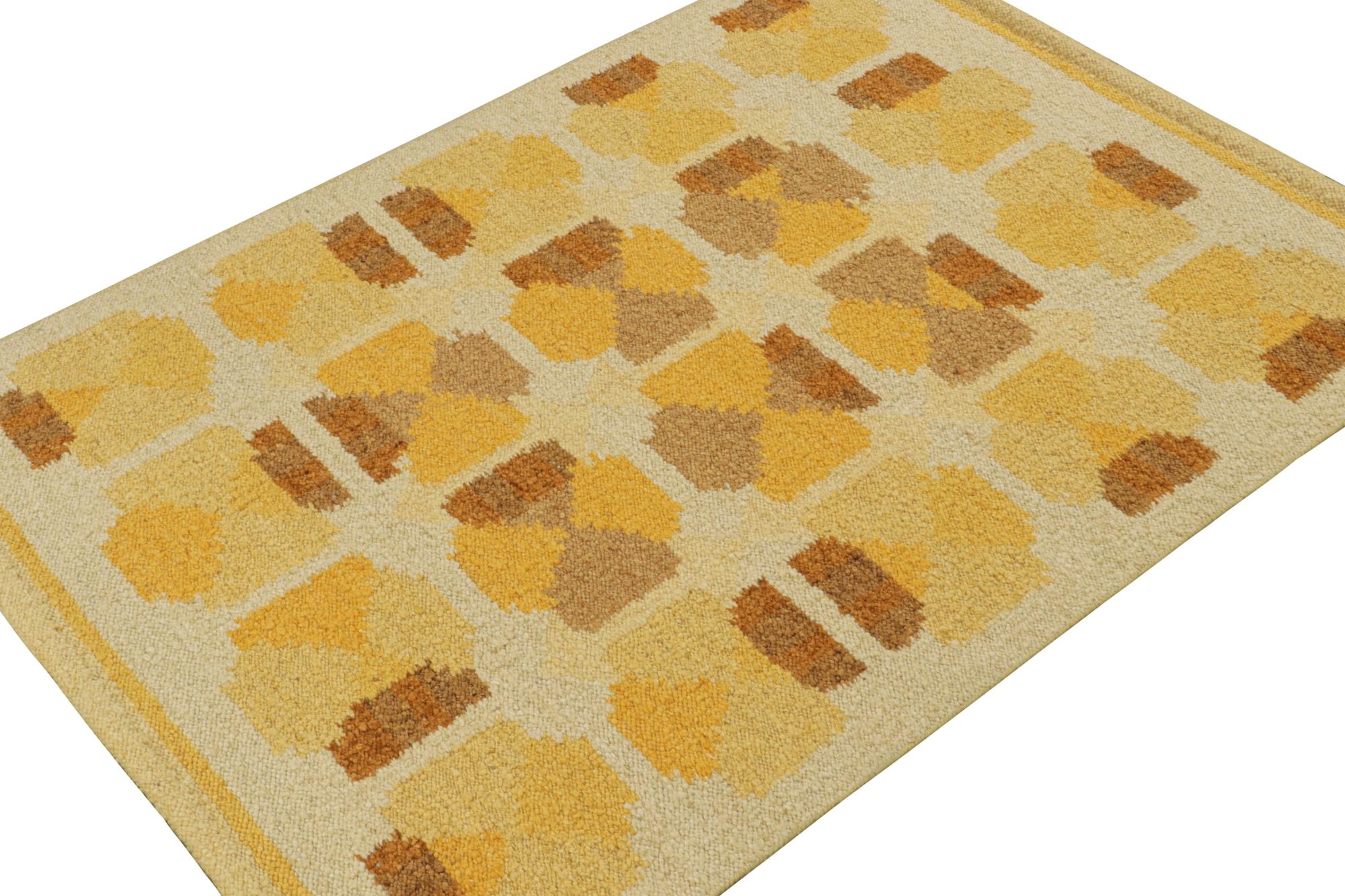 Indian Rug & Kilim’s Scandinavian Style Kilim with Gold-Brown Geometric Patterns For Sale