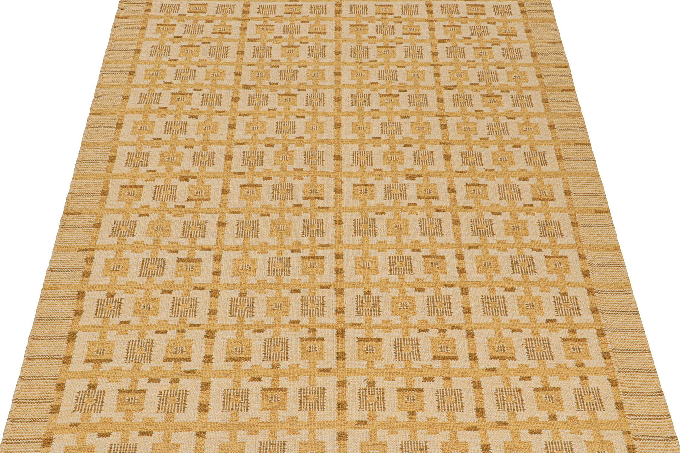 This 8x10 flat weave is an exciting new addition to the Scandinavian Kilim collection by Rug & Kilim. Handwoven in wool and natural yarns, its design reflects a contemporary take on mid-century Rollakans and Swedish Deco style.

On the