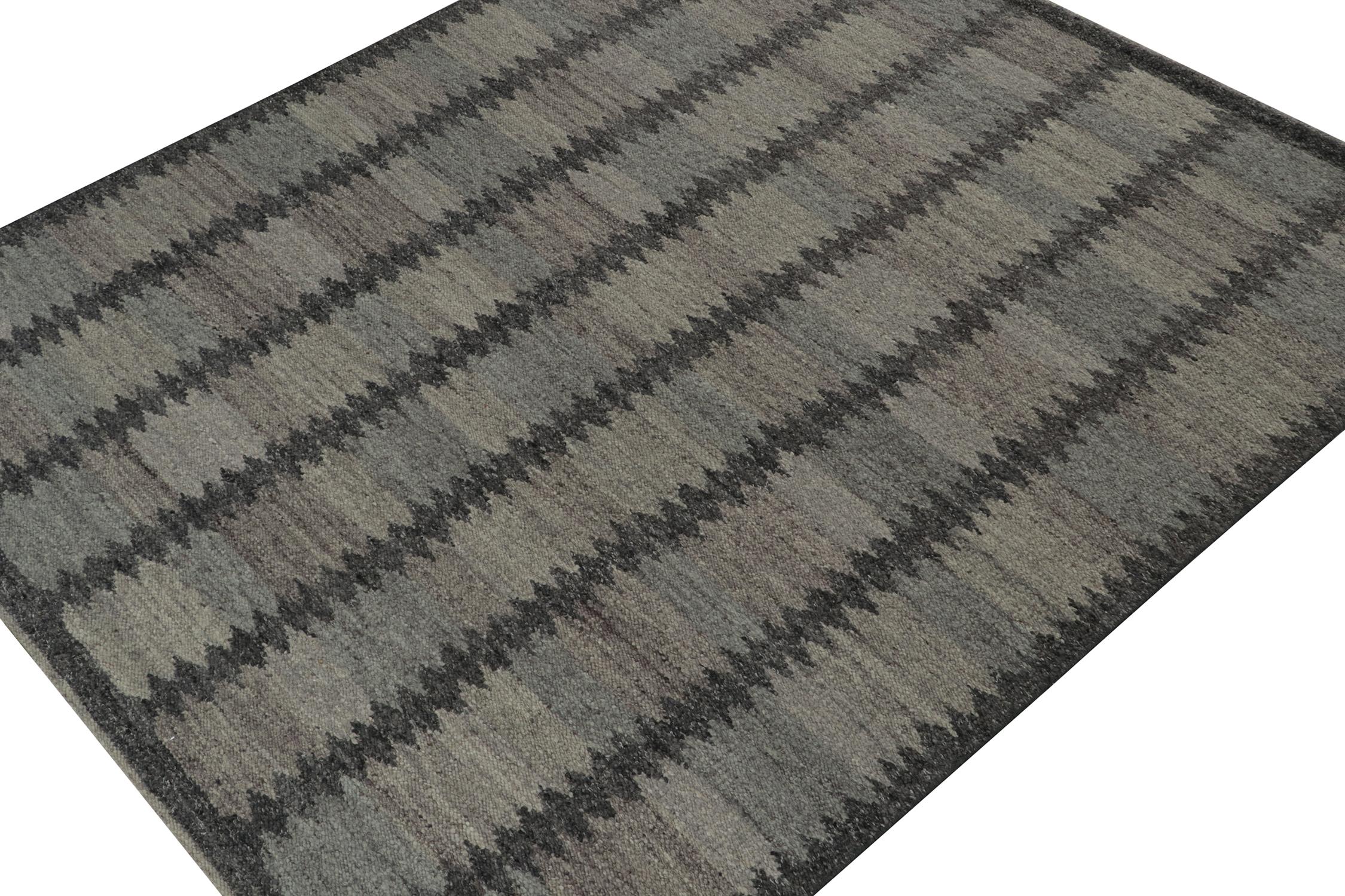 This 8x10 Swedish style kilim is from the inventive “Nu” texture in Rug & Kilim’s award-winning Scandinavian flat weave collection. Handwoven in wool. 
Further On the Design: 
This rug enjoys a boucle-like texture of blended yarns, and a look both