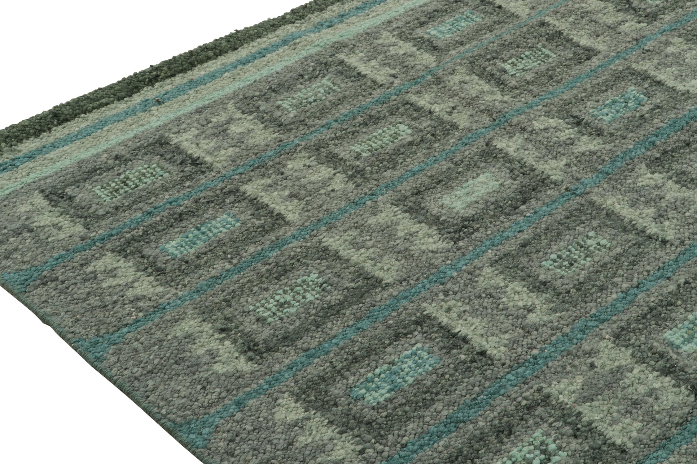 Hand-Knotted Rug & Kilim’s Scandinavian Style Kilim with Grey and Blue Geometric Patterns For Sale