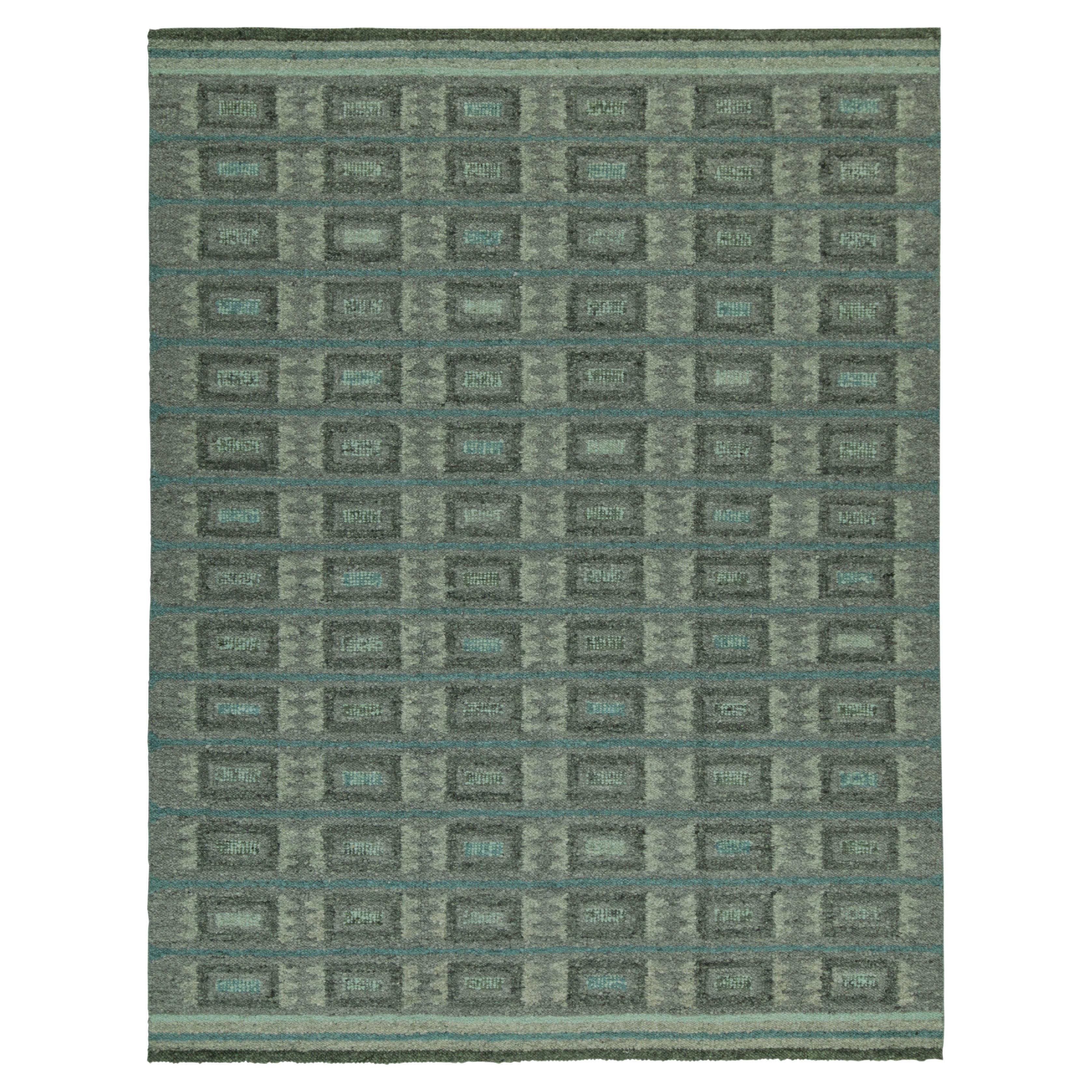Rug & Kilim’s Scandinavian Style Kilim with Grey and Blue Geometric Patterns For Sale