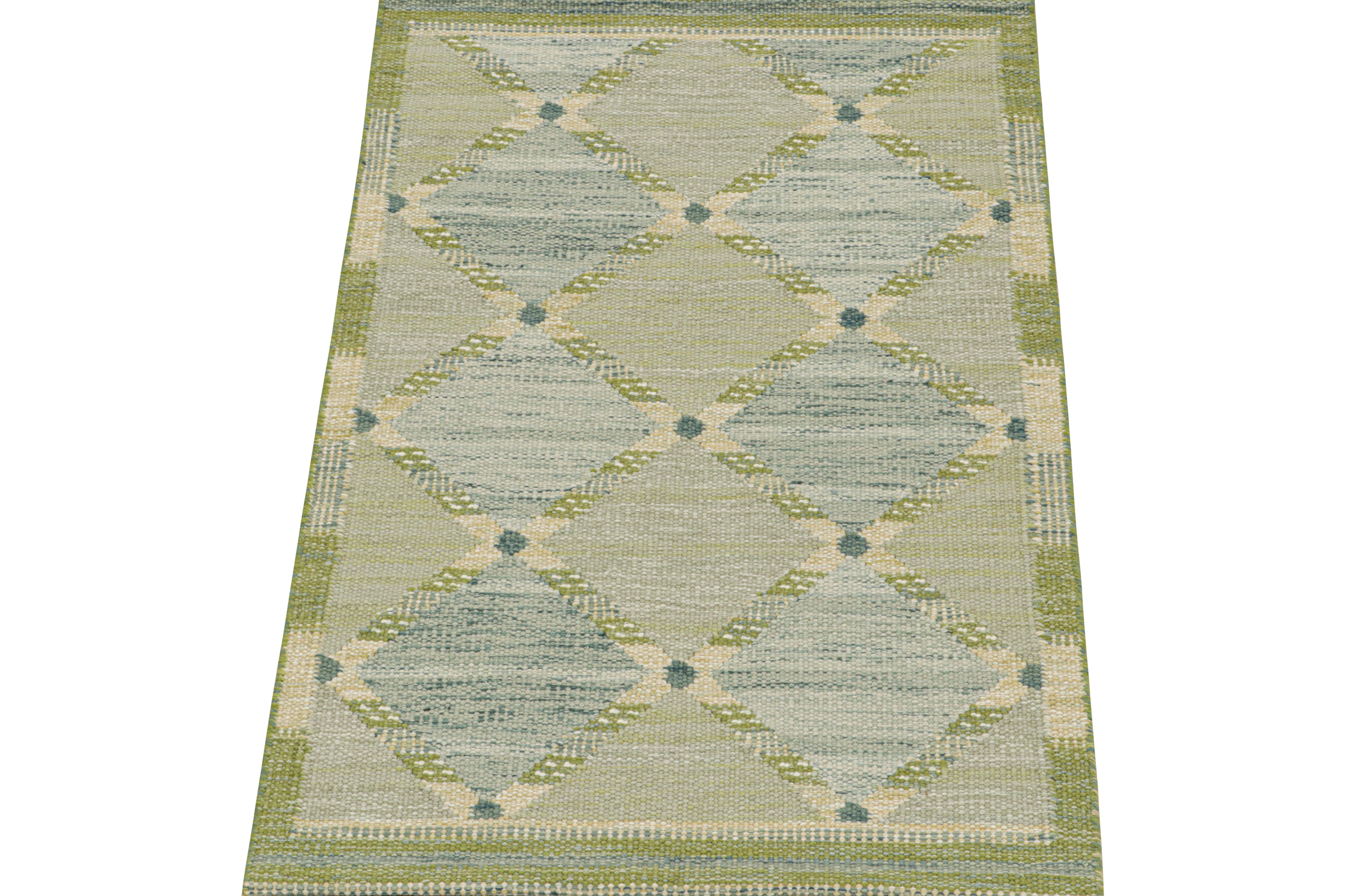 This 3x5 flat weave rug is a bold new addition to the Scandinavian Collection by Rug & Kilim. Handwoven in wool and natural yarns, its design reflects a contemporary take on mid-century Rollakans and Swedish 
Deco style.

On the Design:

This