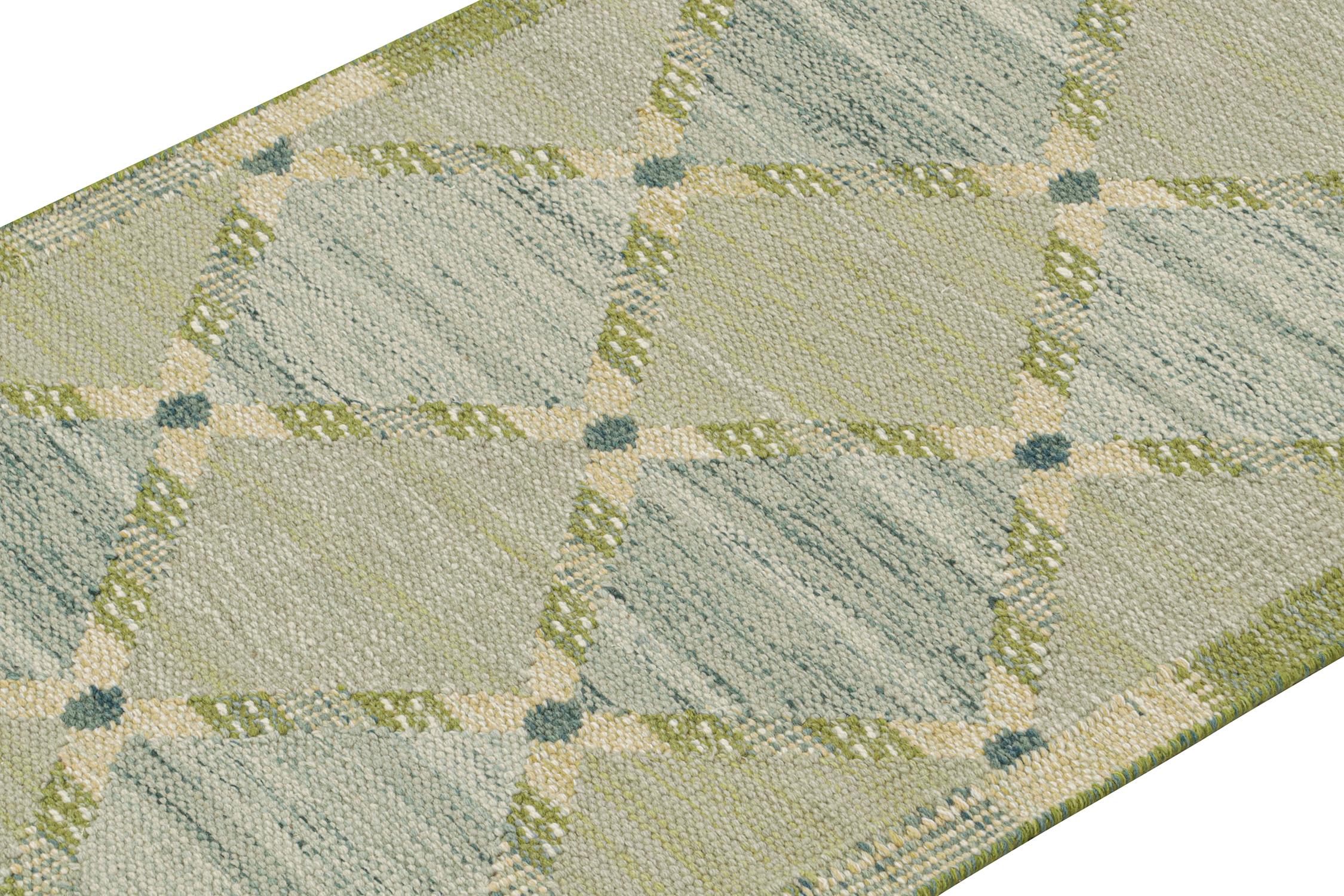 Indian Rug & Kilim’s Scandinavian Style Kilim with Green and Blue Diamond Lattices