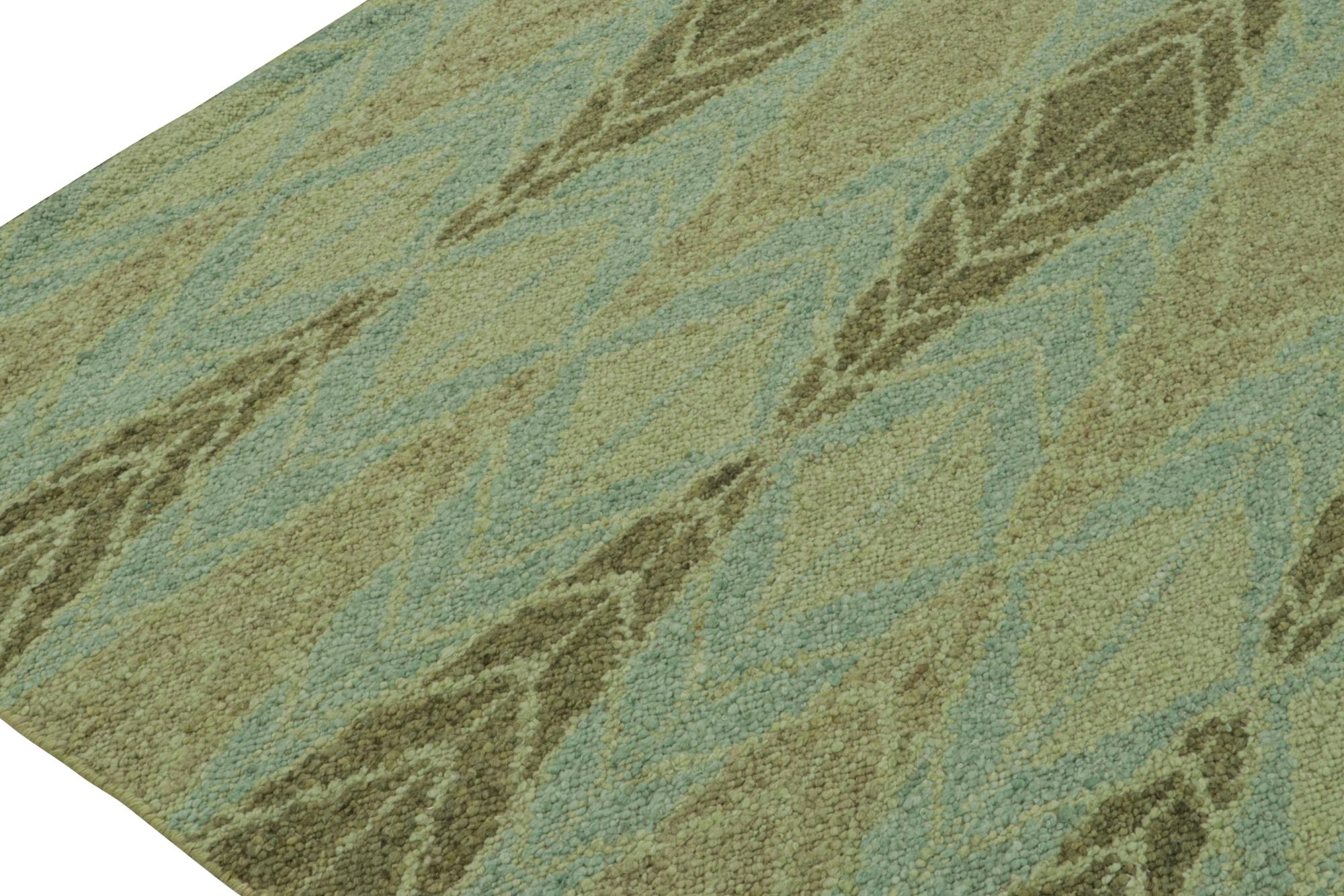 Modern Rug & Kilim’s Scandinavian Style Kilim with Green Geometric Patterns on Blue For Sale