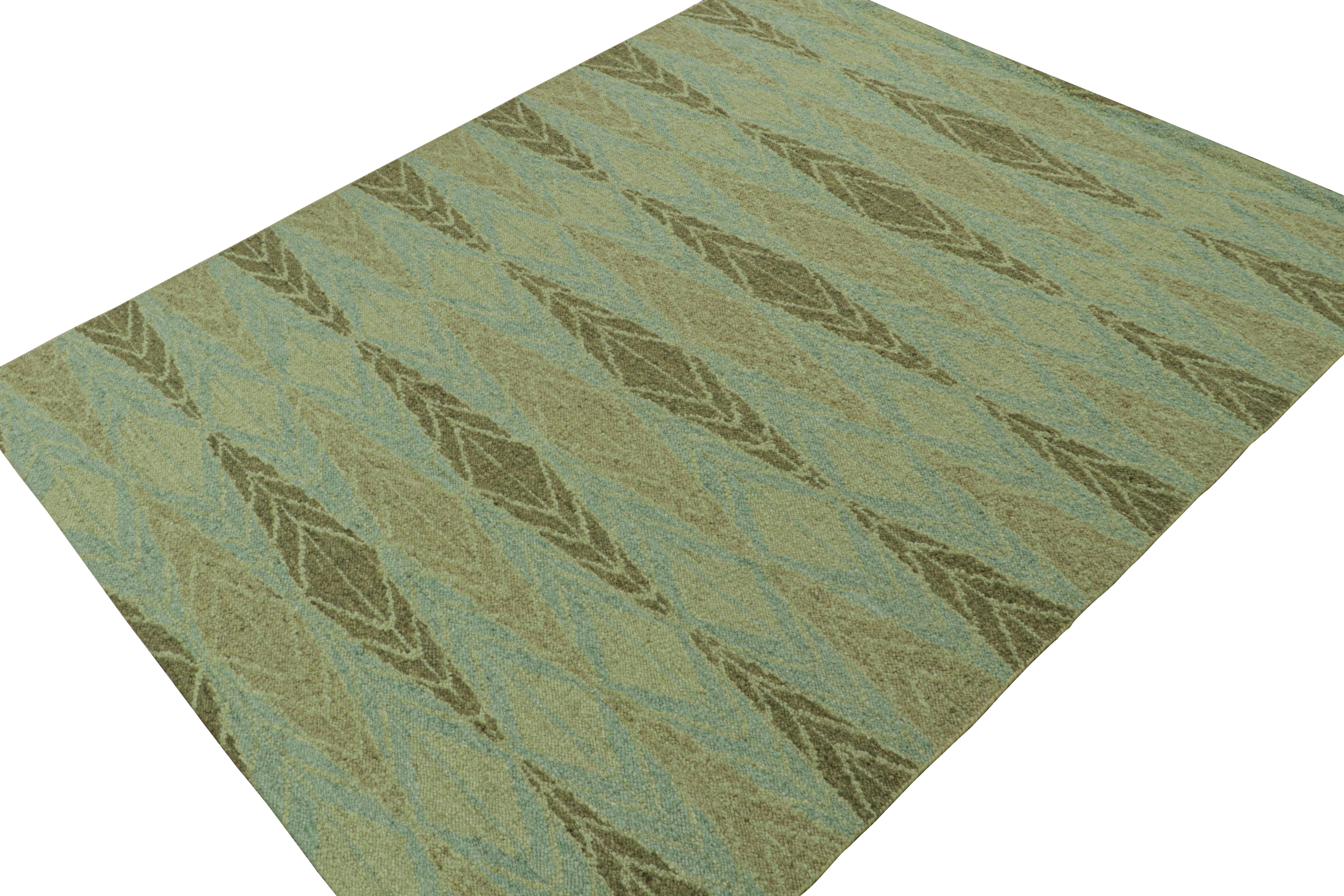 Indian Rug & Kilim’s Scandinavian Style Kilim with Green Geometric Patterns on Blue For Sale