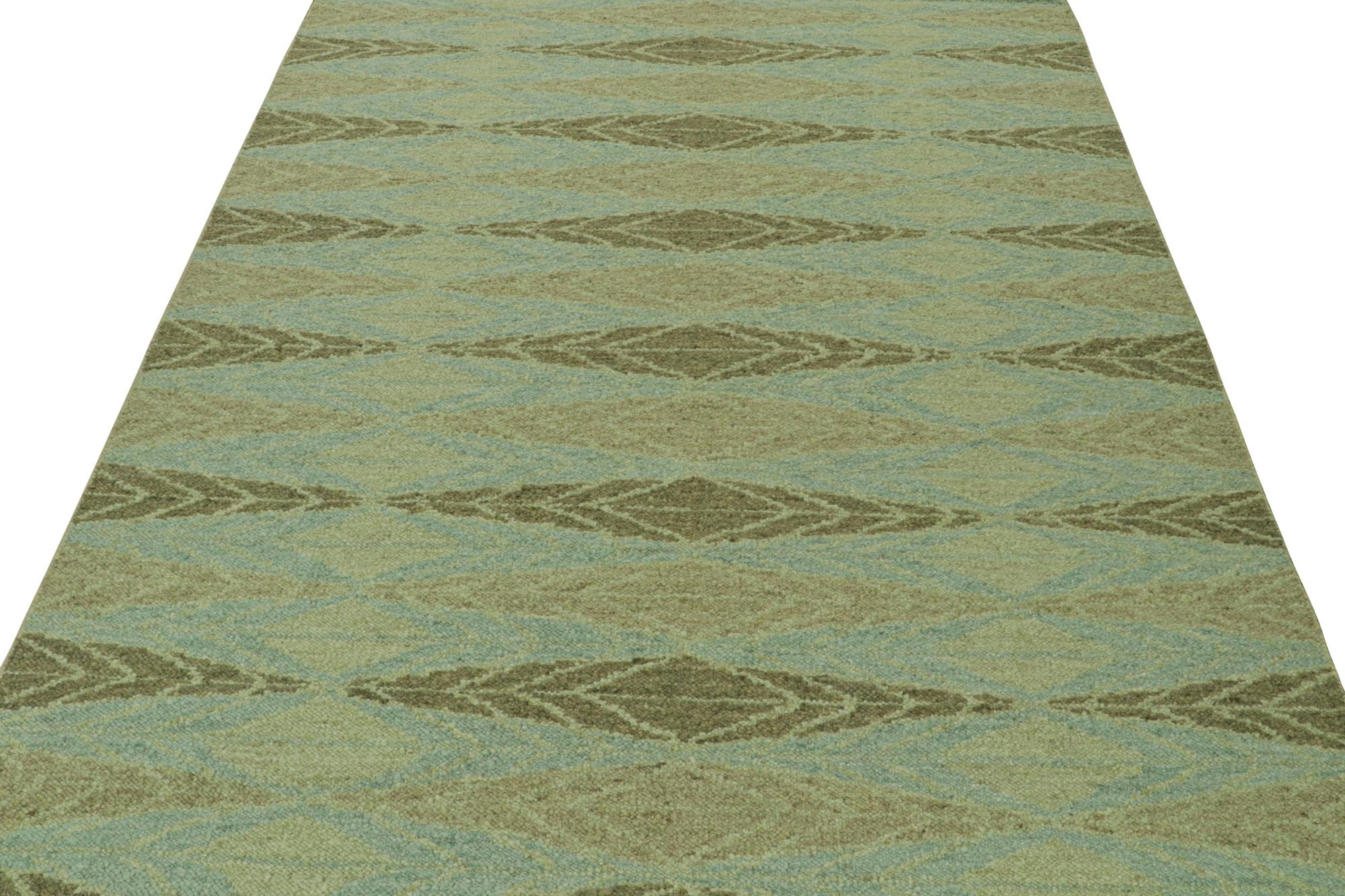Hand-Knotted Rug & Kilim’s Scandinavian Style Kilim with Green Geometric Patterns on Blue For Sale