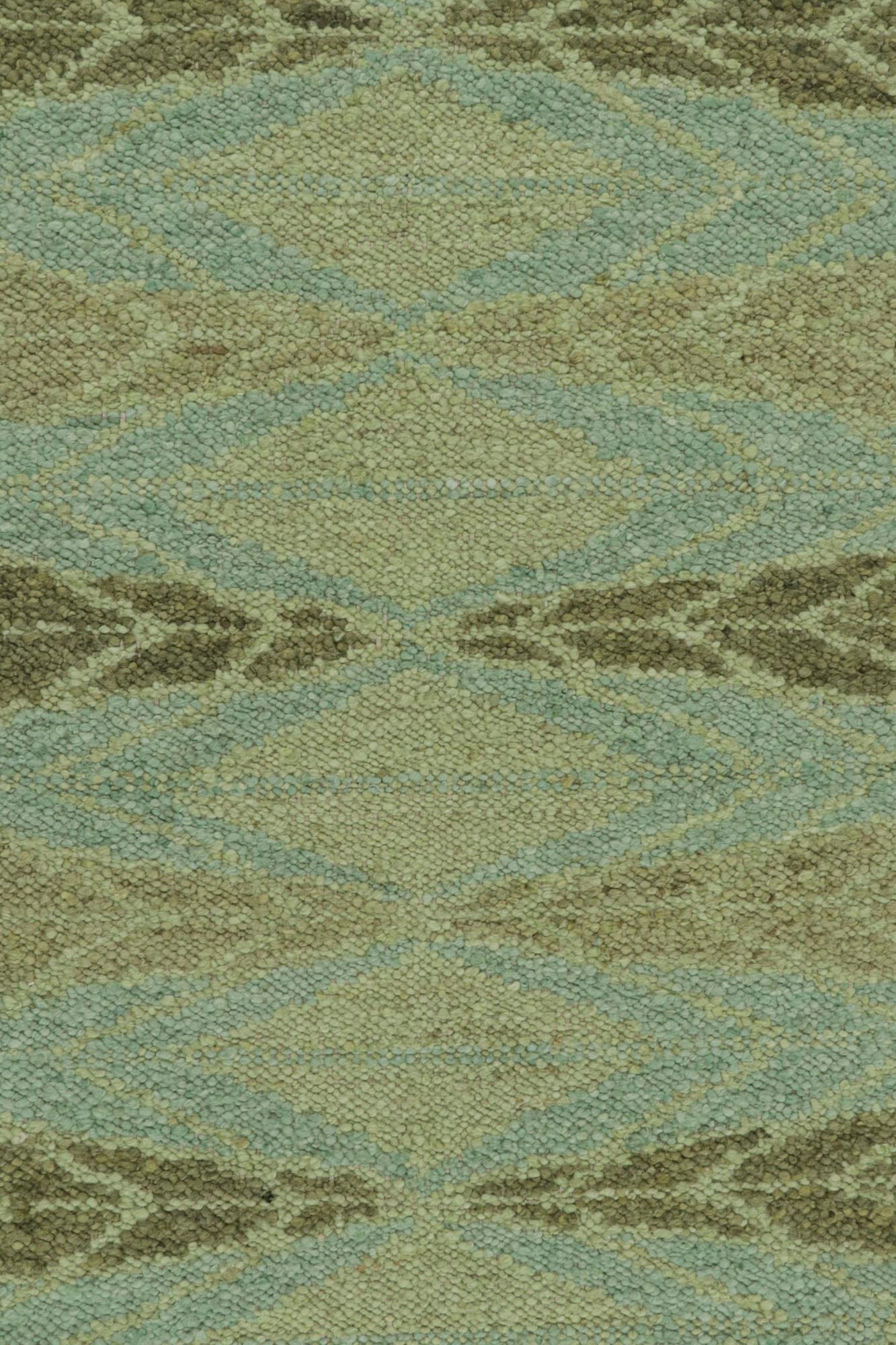 Rug & Kilim’s Scandinavian Style Kilim with Green Geometric Patterns on Blue In New Condition For Sale In Long Island City, NY