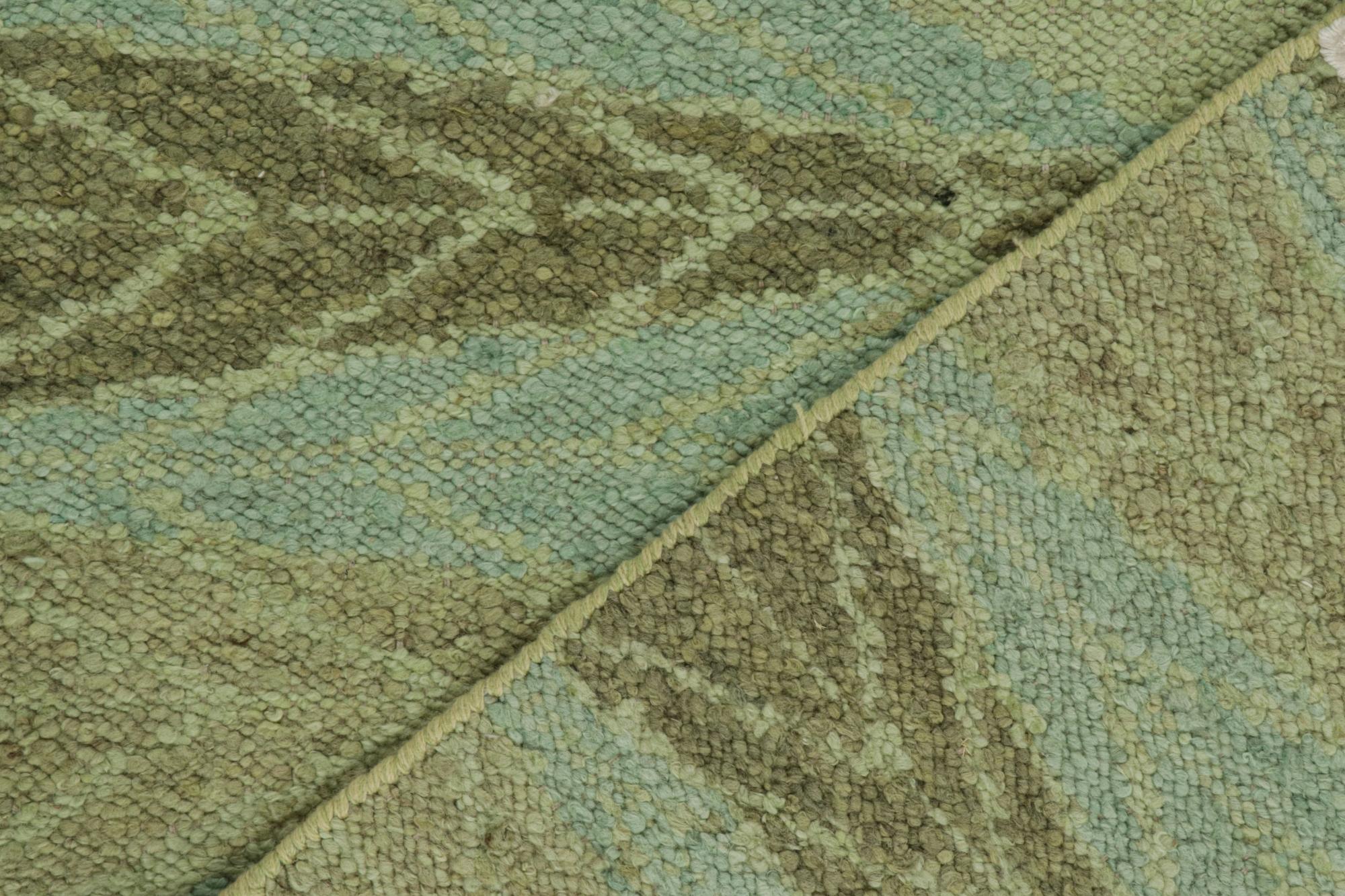 Contemporary Rug & Kilim’s Scandinavian Style Kilim with Green Geometric Patterns on Blue For Sale