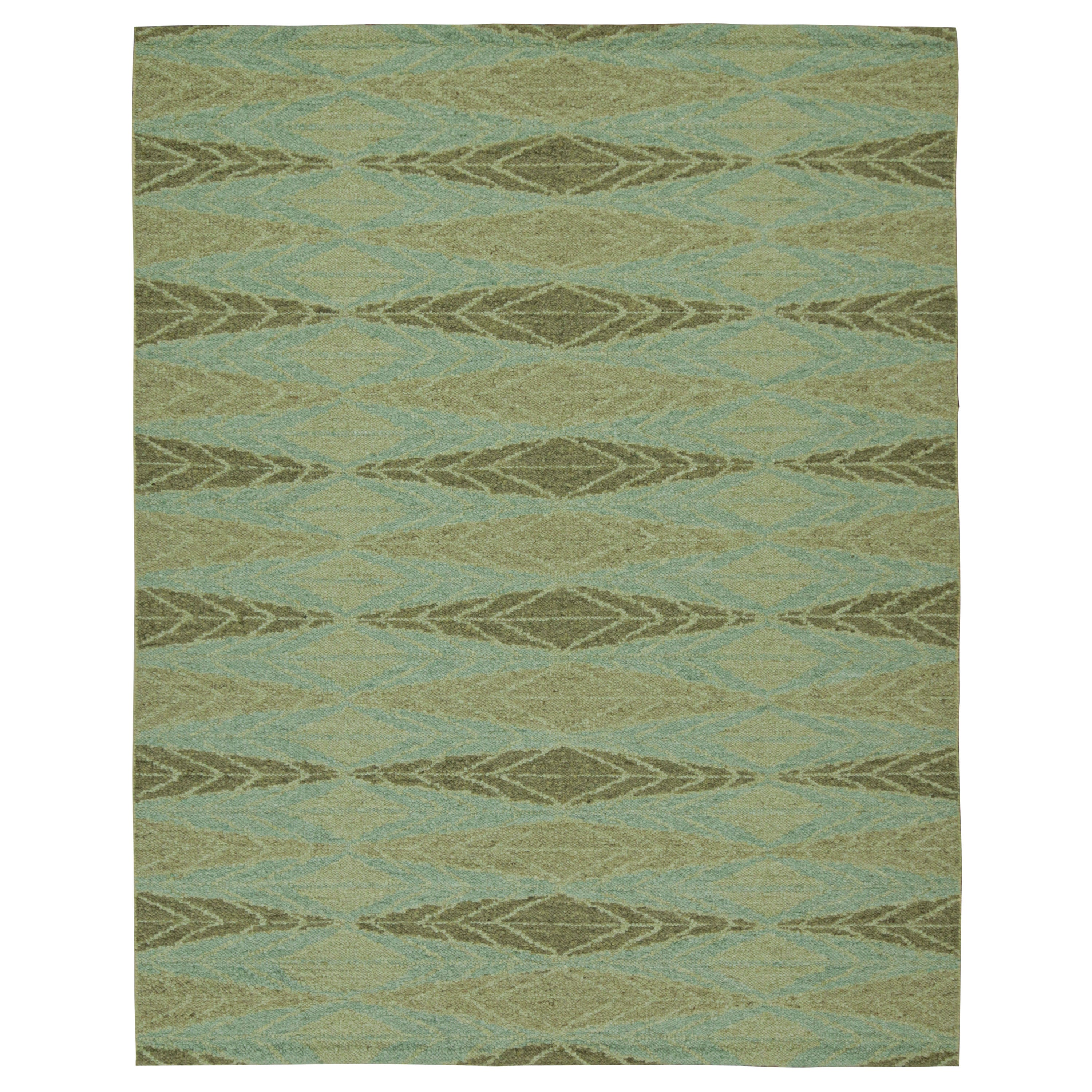 Rug & Kilim’s Scandinavian Style Kilim with Green Geometric Patterns on Blue For Sale