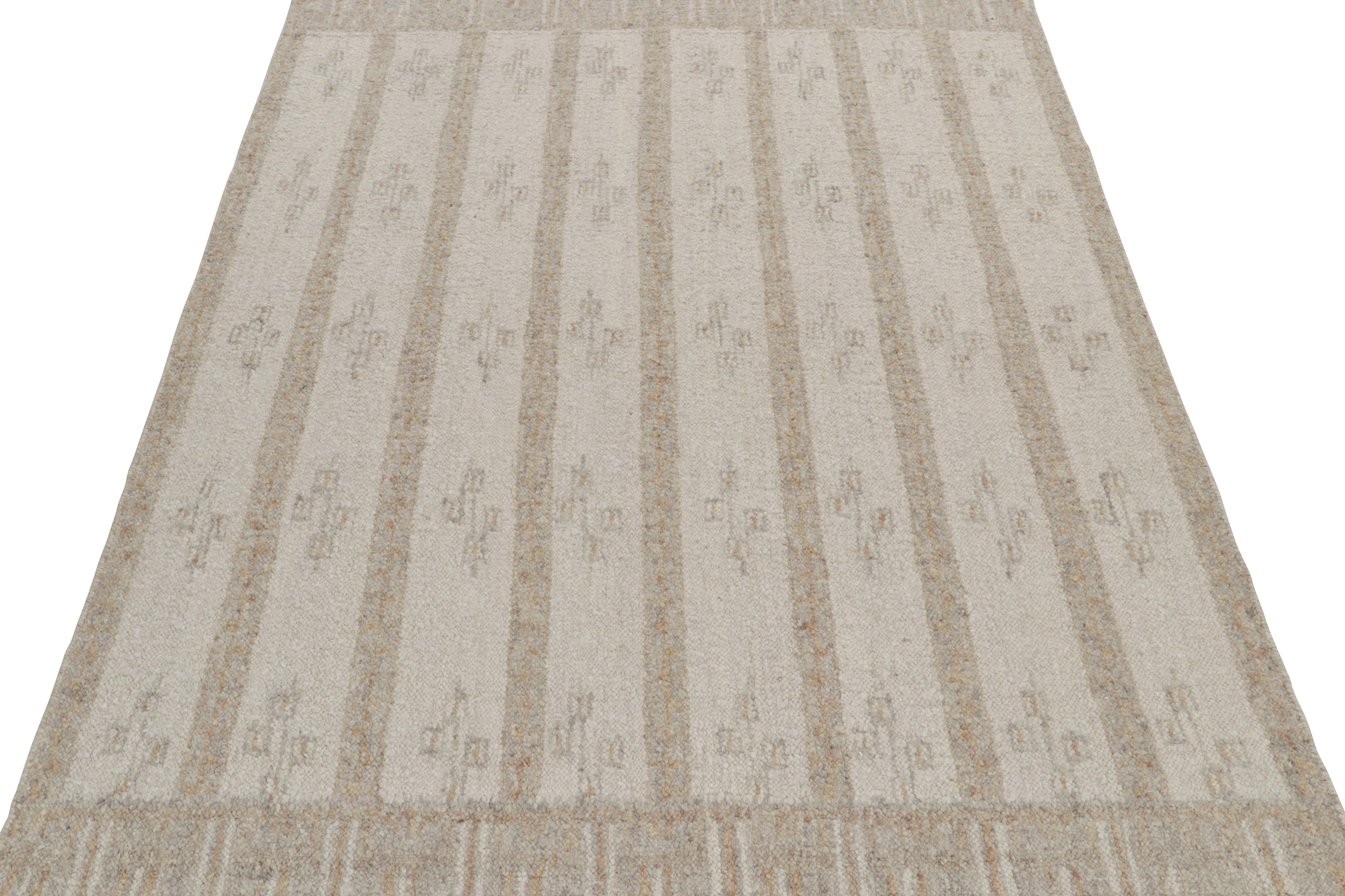 This 8x11 Swedish style kilim is from the inventive “Nu” texture in Rug & Kilim’s award-winning Scandinavian flat weave collection. Handwoven in wool. 
Further On the Design: 
This rug enjoys a boucle-like texture of blended yarns, and a look both