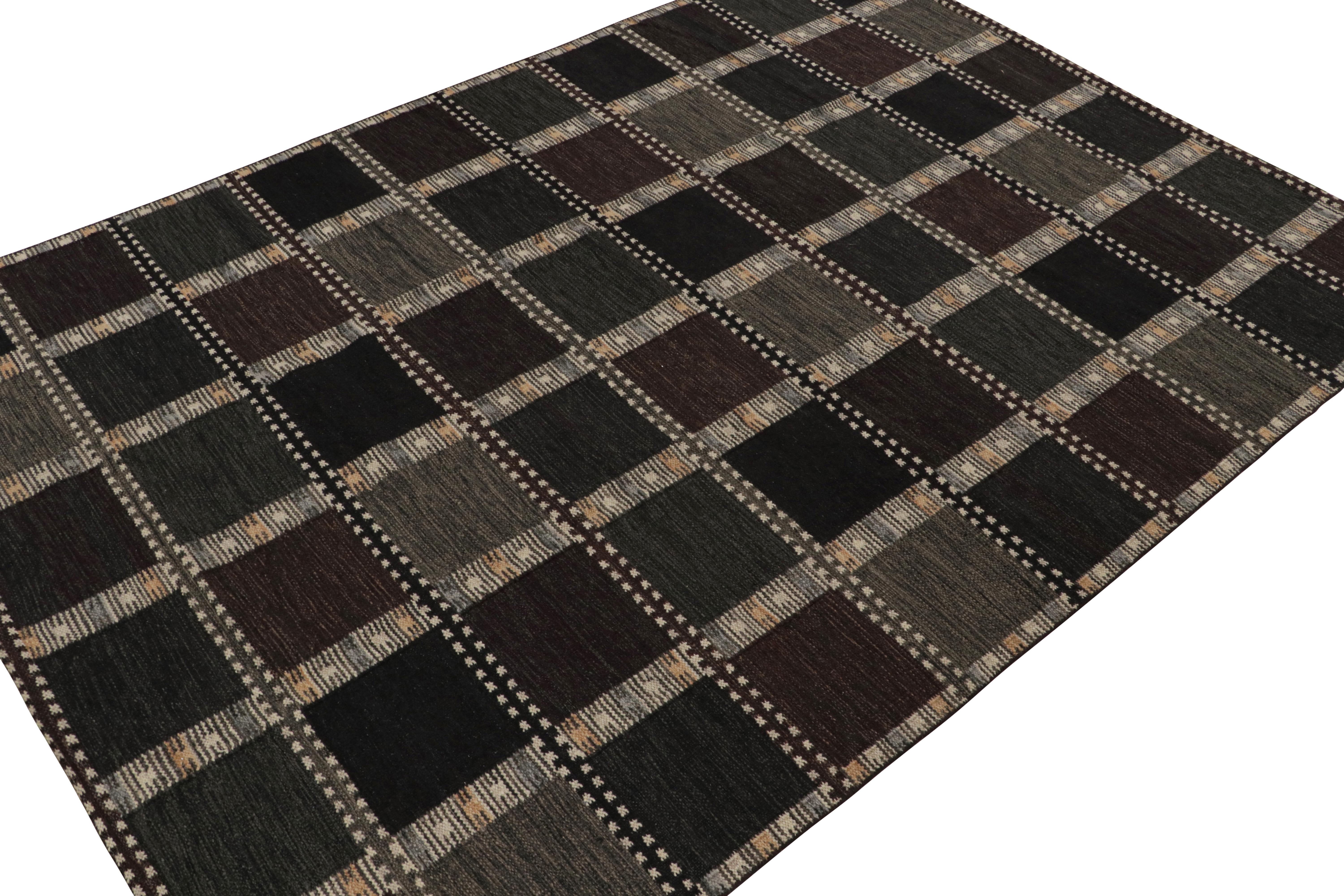 This 10x14 Swedish style kilim is from the award-winning Scandinavian flat weave collection by Rug & Kilim. 

Handwoven in wool and undyed, natural yarns, its design reflects a contemporary take on mid-century Rollakans and Swedish Deco style.

On