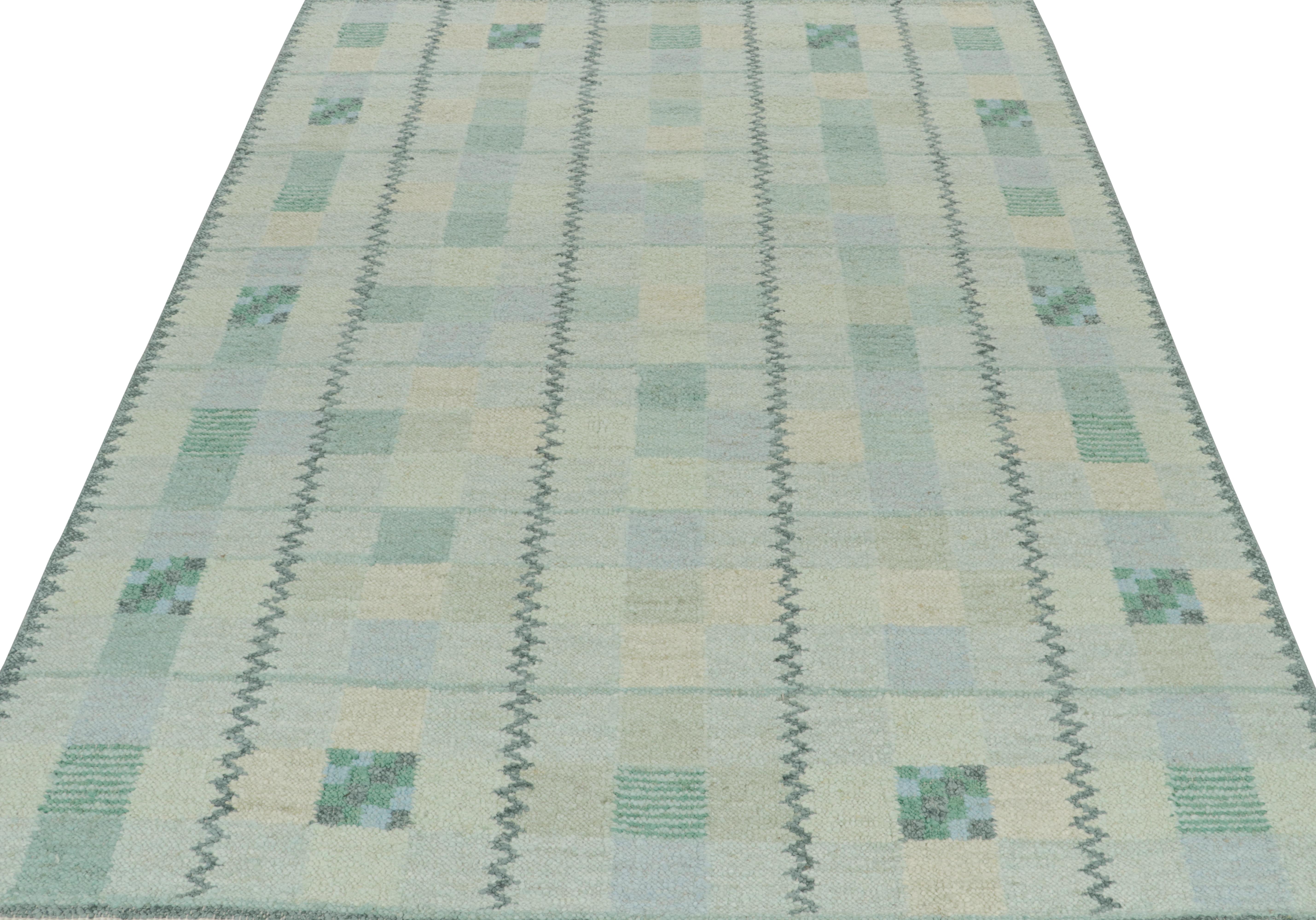 Scandinavian Modern Rug & Kilim’s Scandinavian Style Kilim with Patterns in Grey, Blue & Green For Sale