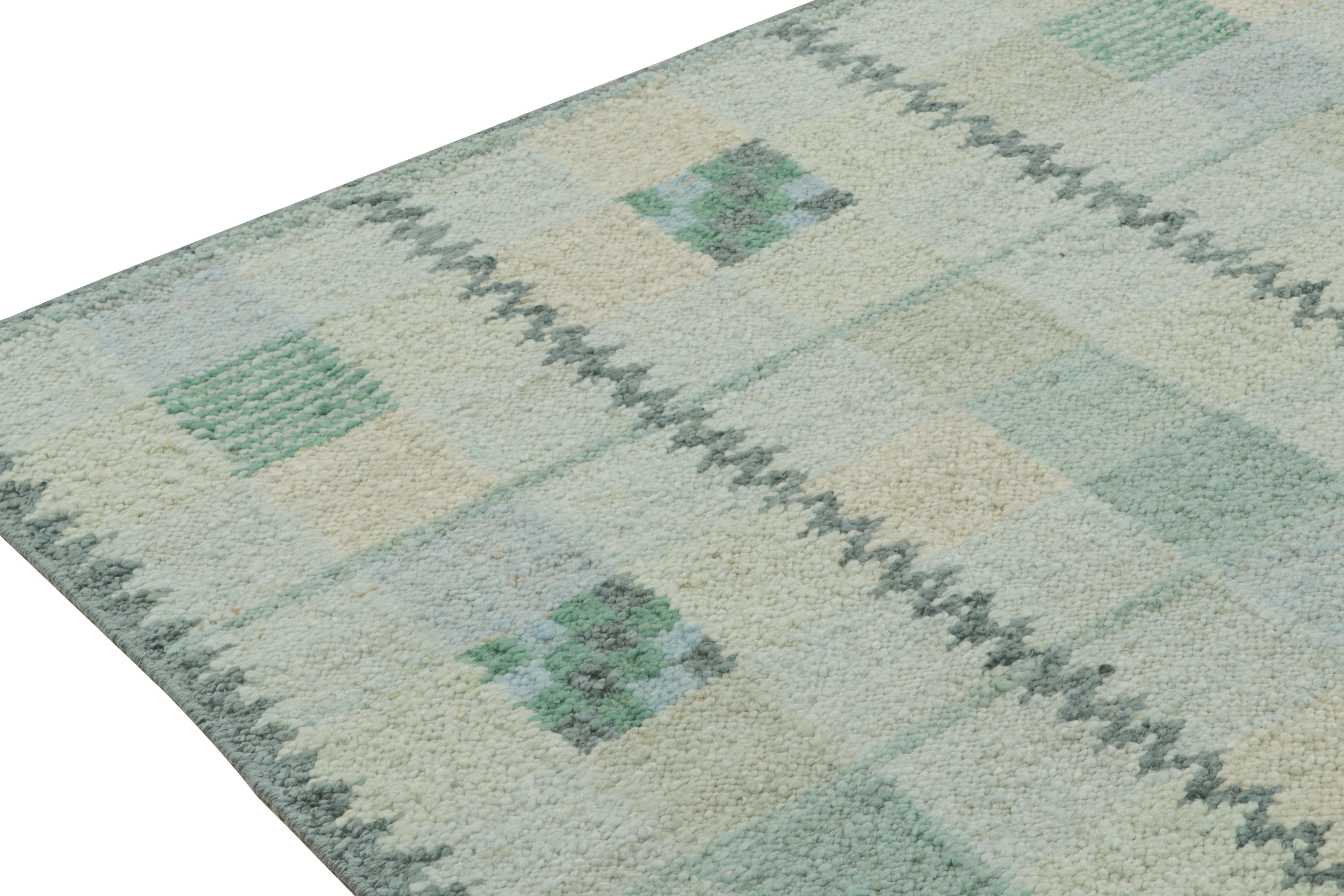 Hand-Knotted Rug & Kilim’s Scandinavian Style Kilim with Patterns in Grey, Blue & Green For Sale