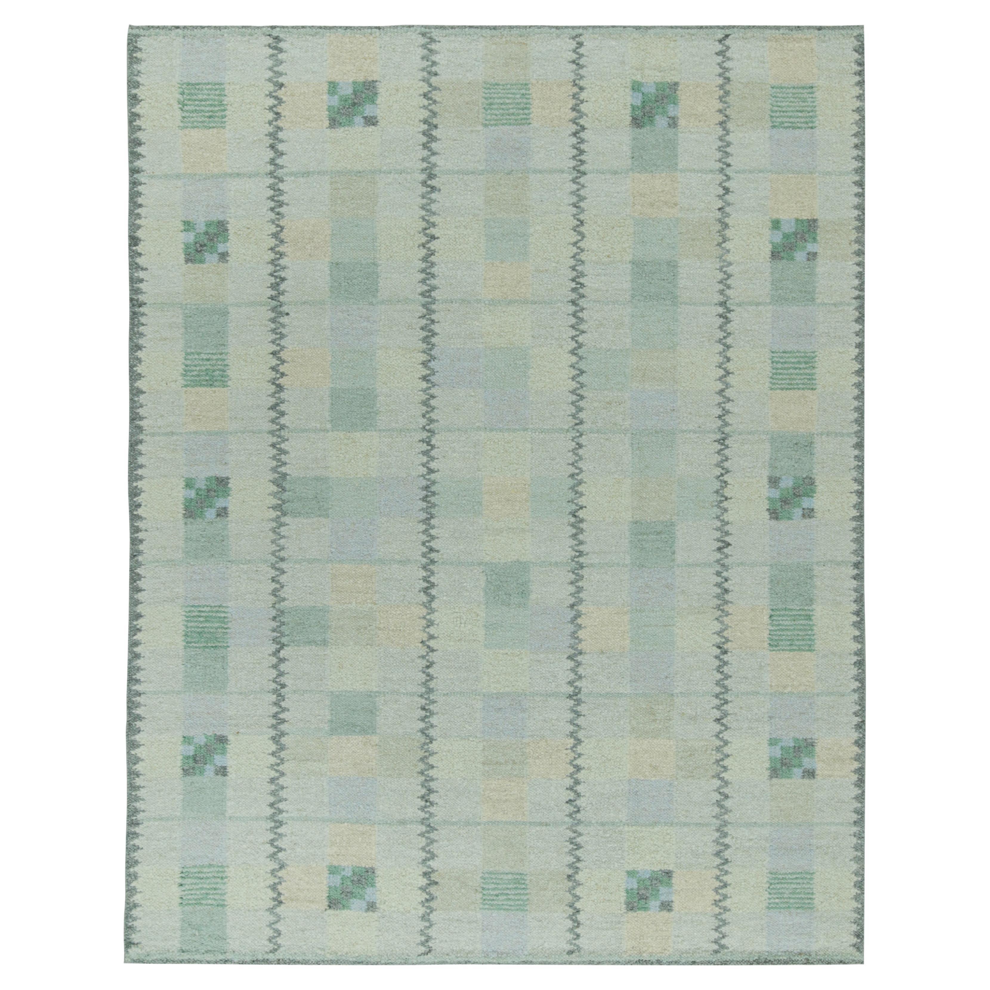 Rug & Kilim’s Scandinavian Style Kilim with Patterns in Grey, Blue & Green For Sale