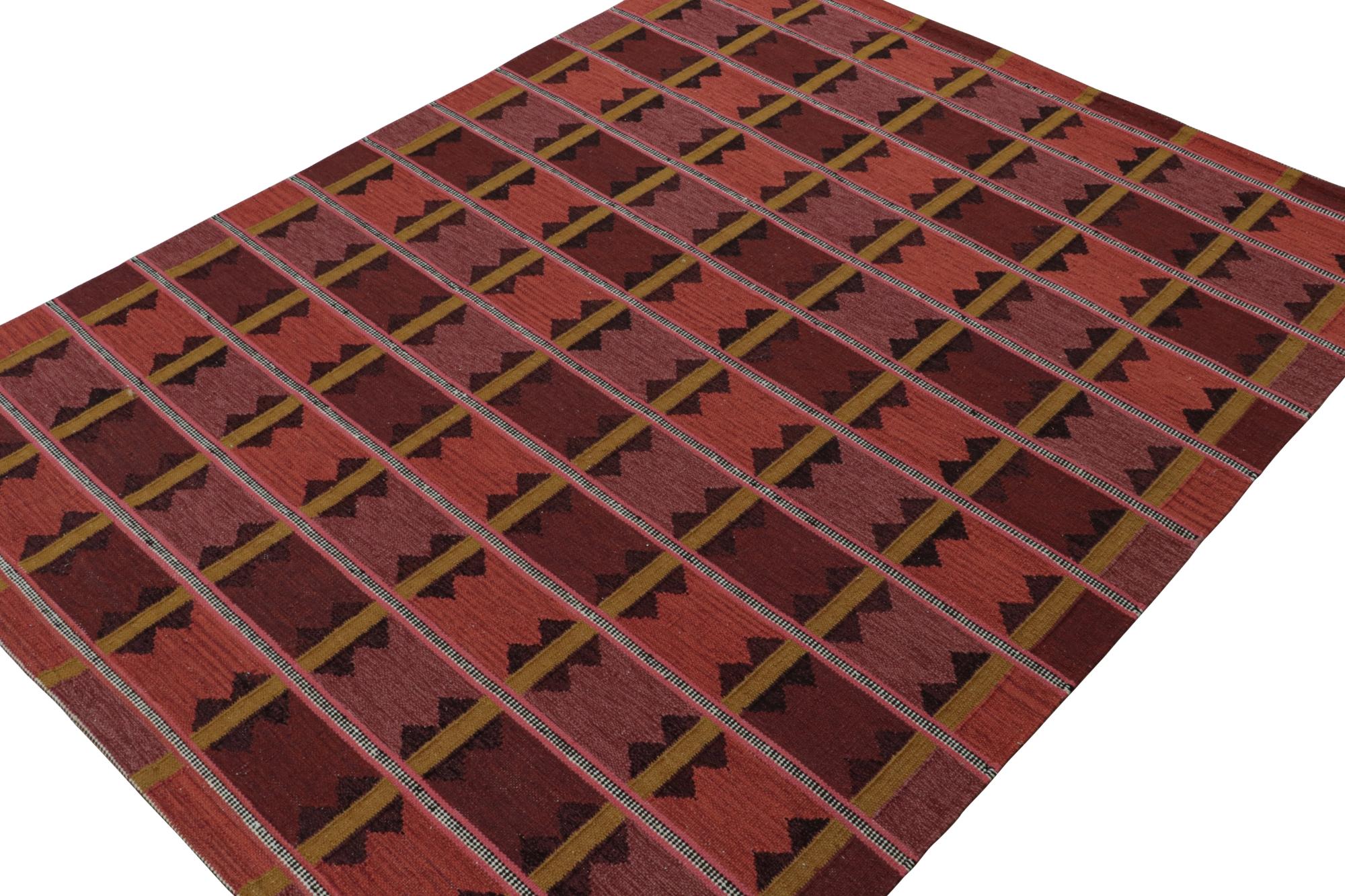 Indian Rug & Kilim’s Scandinavian Style Kilim with Patterns in Tones of Red & Gold For Sale