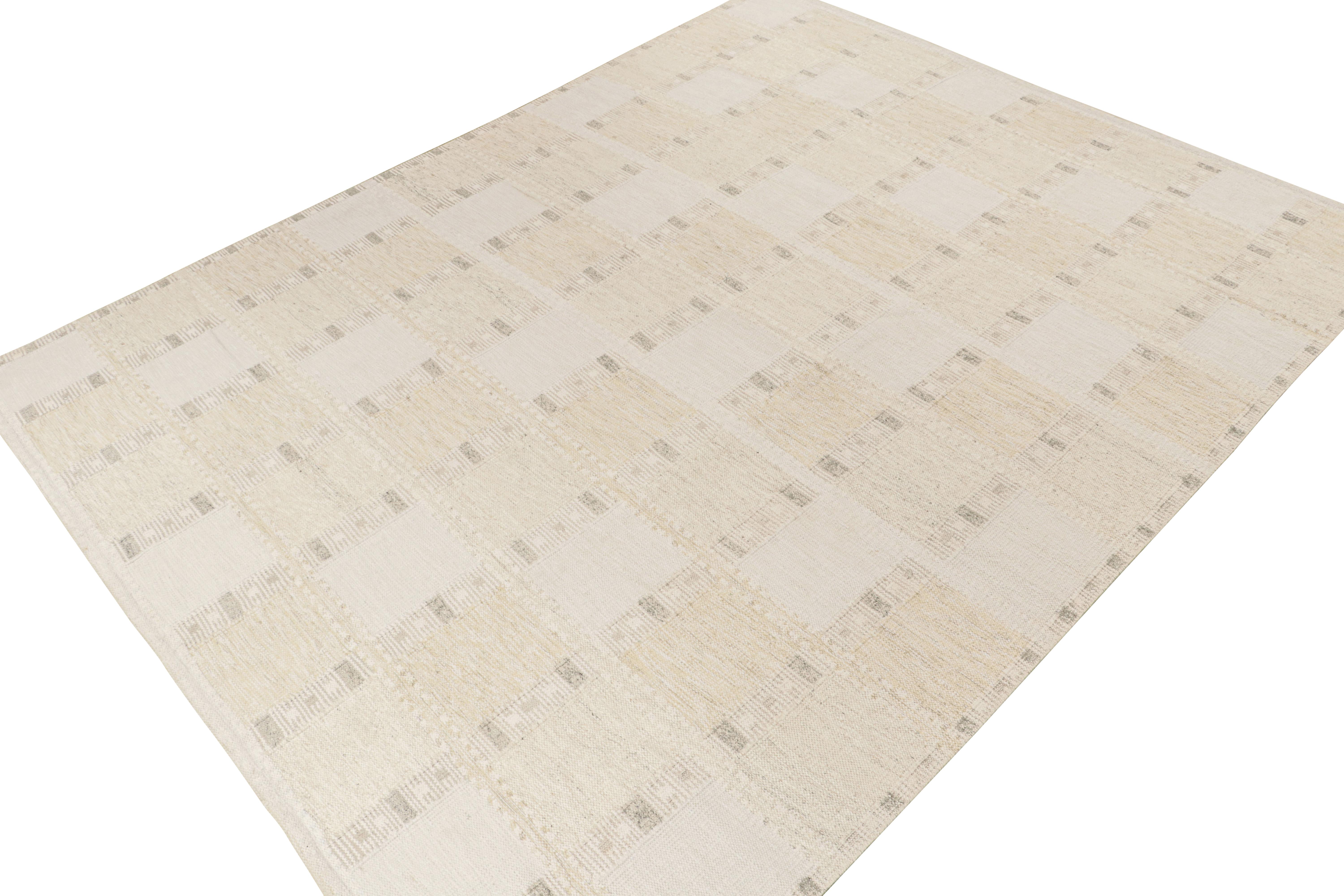 Un elegante kilim 12x15 in stile svedese della nostra premiata collezione a trama piatta scandinava. Tessuto a mano in lana. 

Sul design: 

Questo tappeto ha una consistenza unica abbinata a motivi geometrici nei toni del beige e del grigio