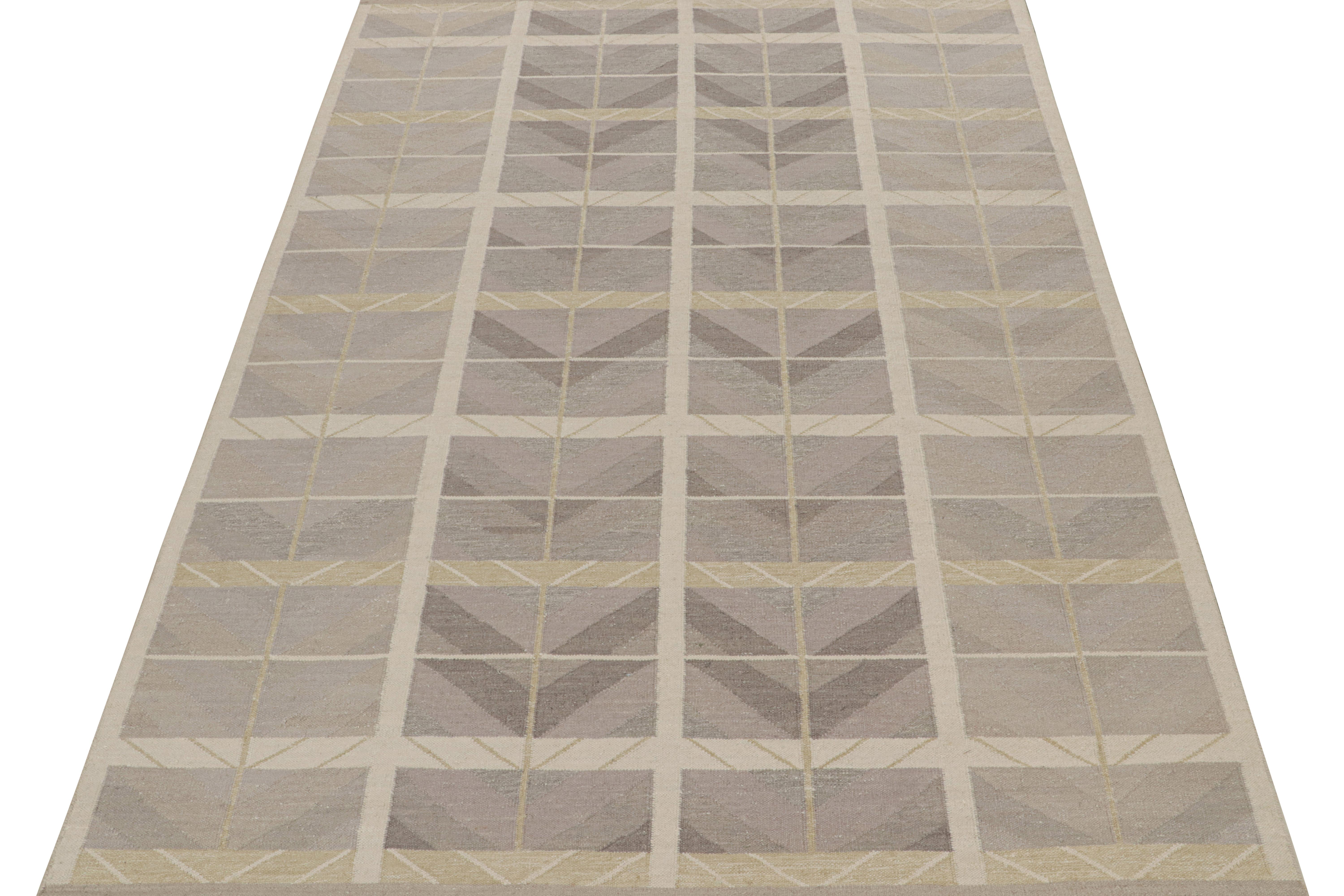 Modern Rug & Kilim’s Scandinavian Style Kilim with Taupe Chevrons & Geometric Patterns  For Sale