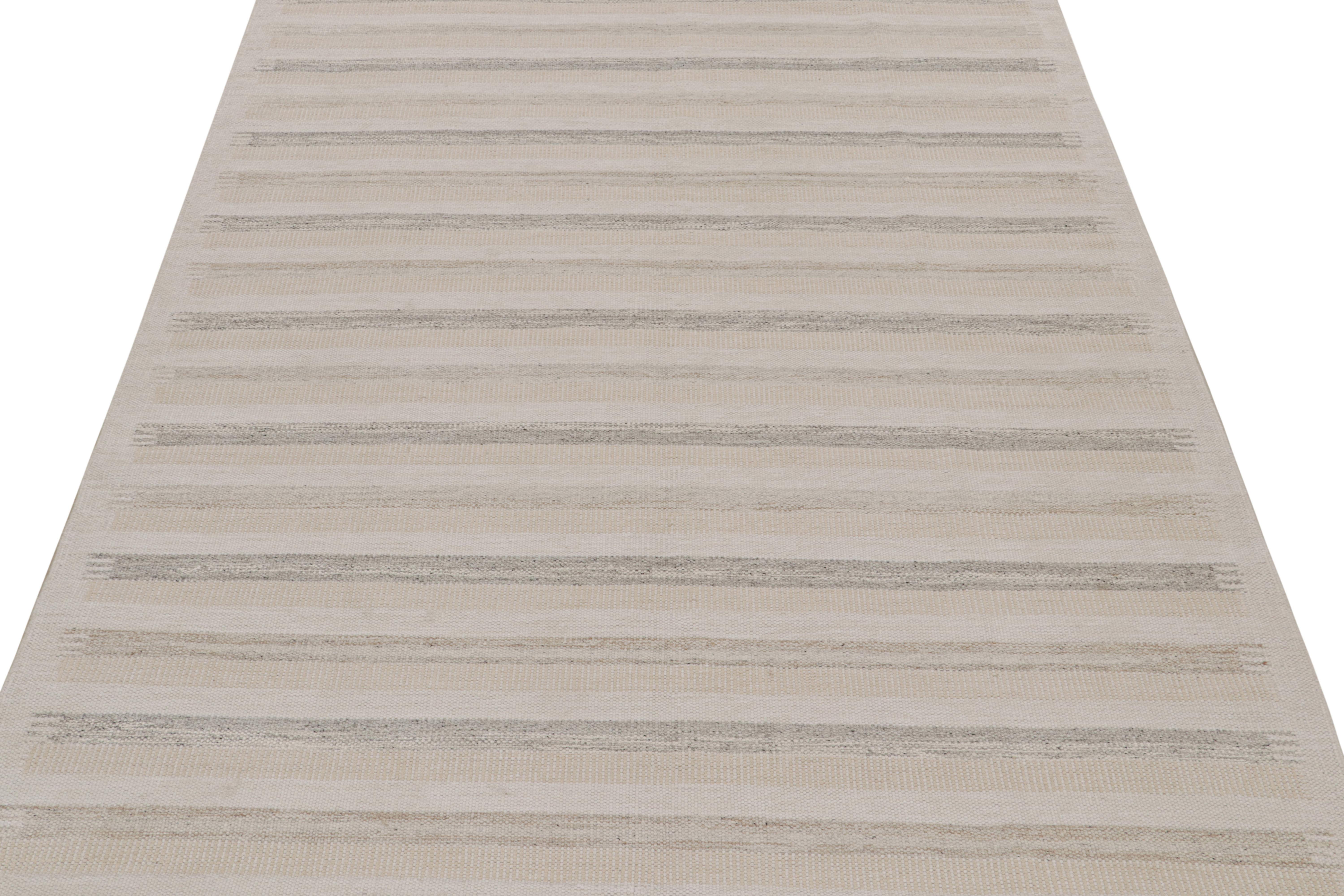 Modern Rug & Kilim’s Scandinavian Style Kilim with White, Beige & Gray Stripes For Sale