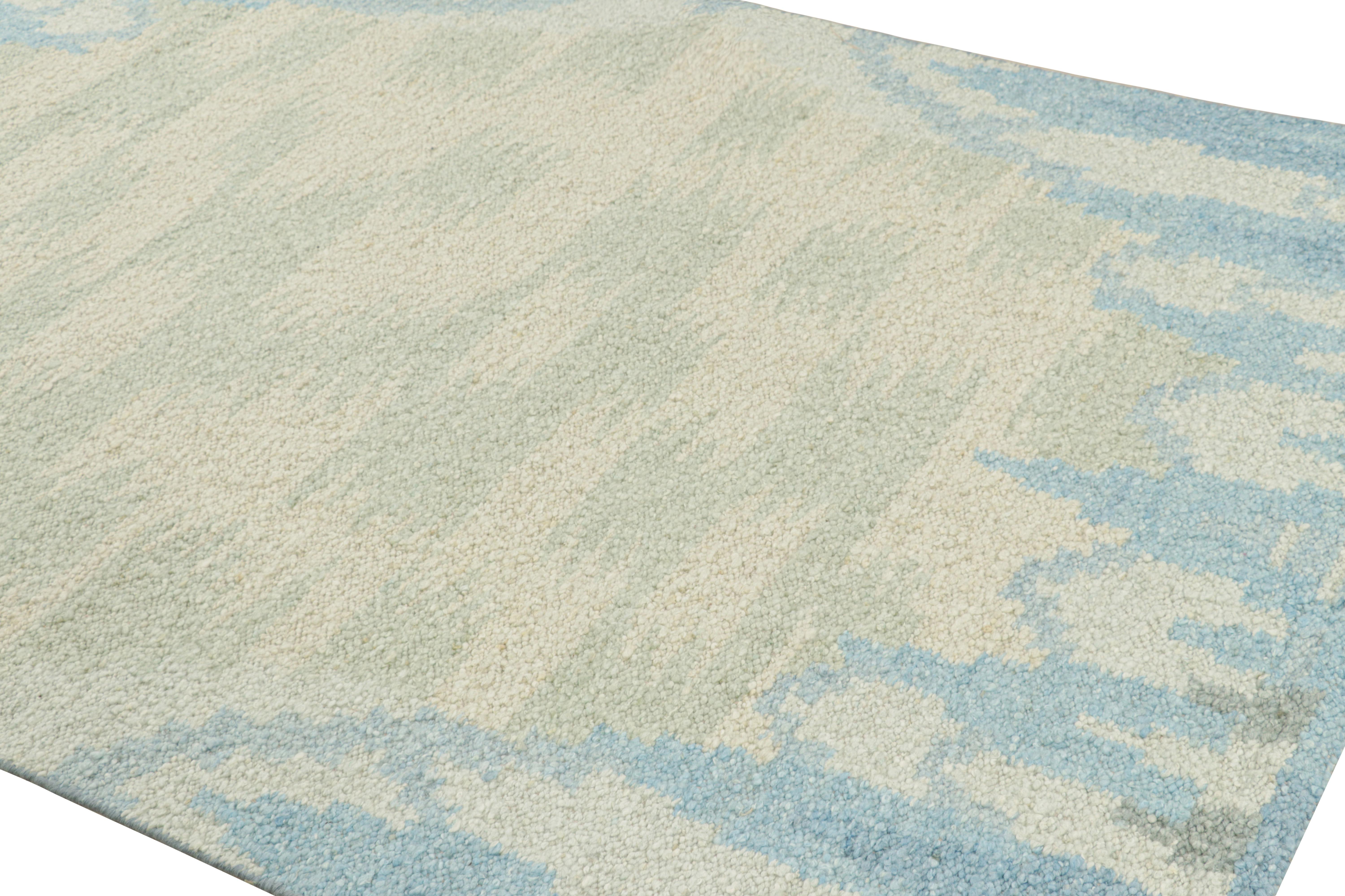 Tissé à la main en laine fine, ce tissage plat 6x9 de notre collection Scandinavian Nu évoque la sensibilité suédoise avec un champ ouvert et un motif géométrique impressionniste confortablement installé dans une magnifique symétrie qui s'épanouit