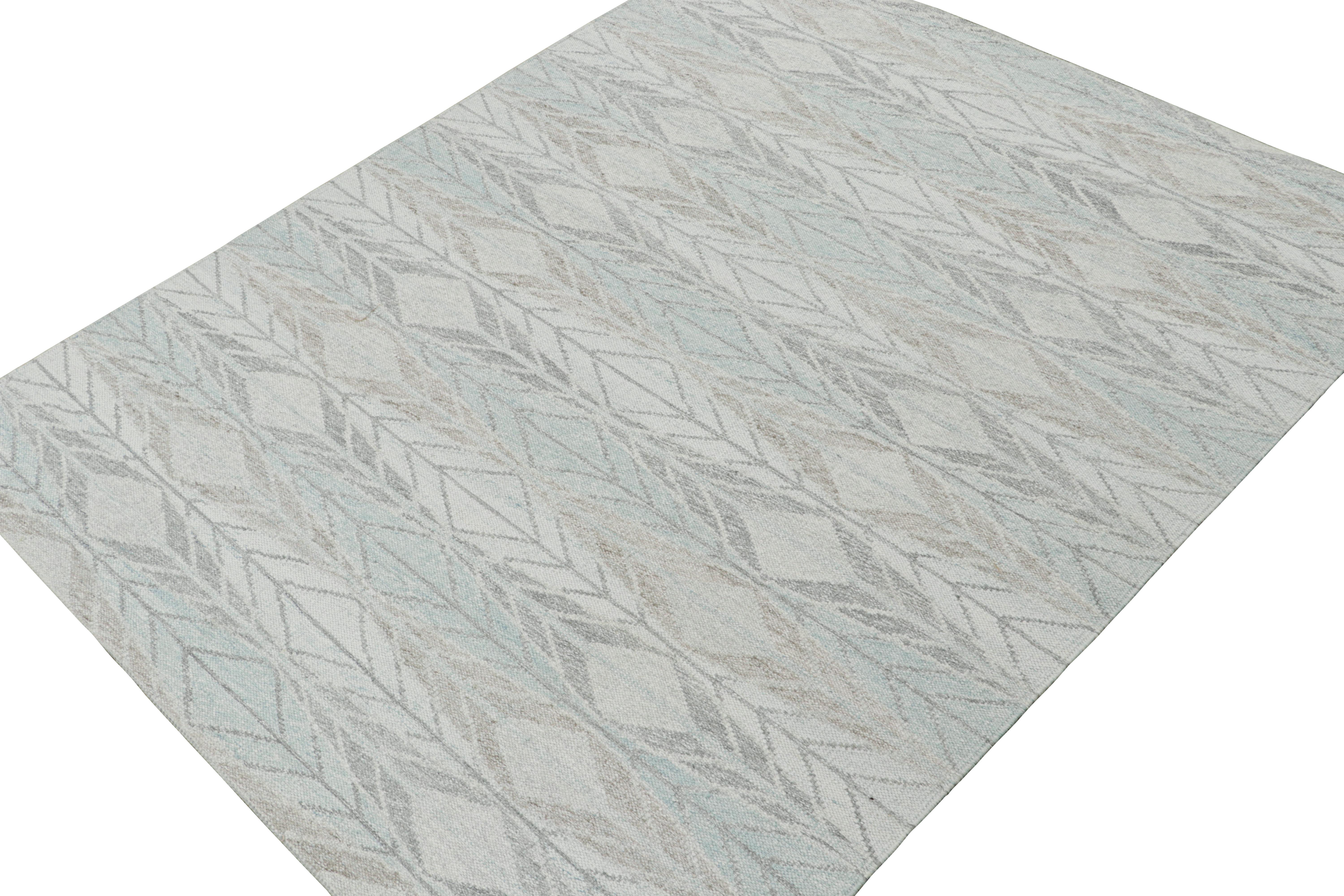 Indian Rug & Kilim’s Scandinavian Style Outdoor Kilim in Blue & Gray Geometric Pattern For Sale