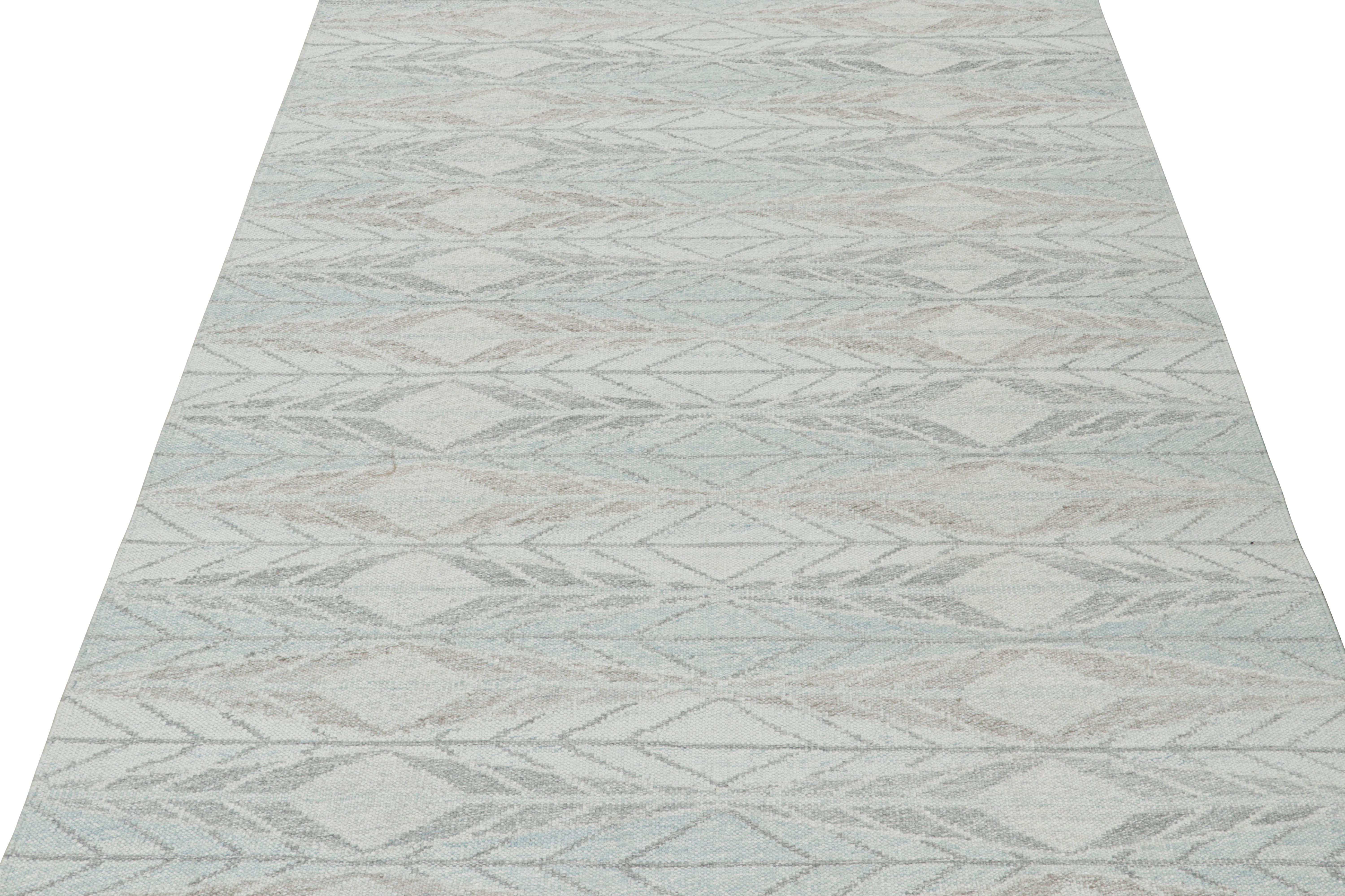 Hand-Knotted Rug & Kilim’s Scandinavian Style Outdoor Kilim in Blue & Gray Geometric Pattern For Sale
