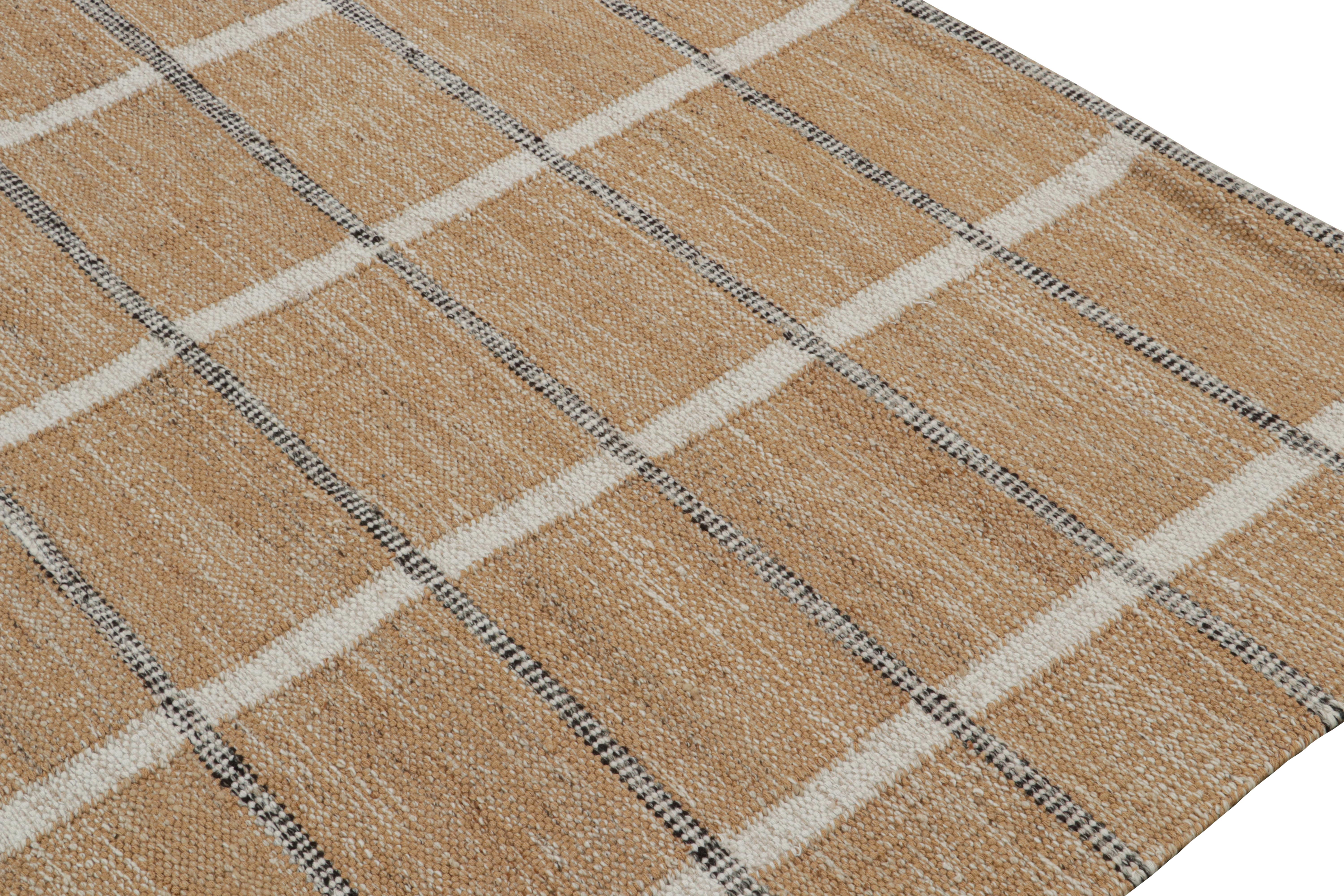 Hand-Woven Rug & Kilim’s Scandinavian Style Outdoor Kilim in Brown, White & Black Pattern For Sale