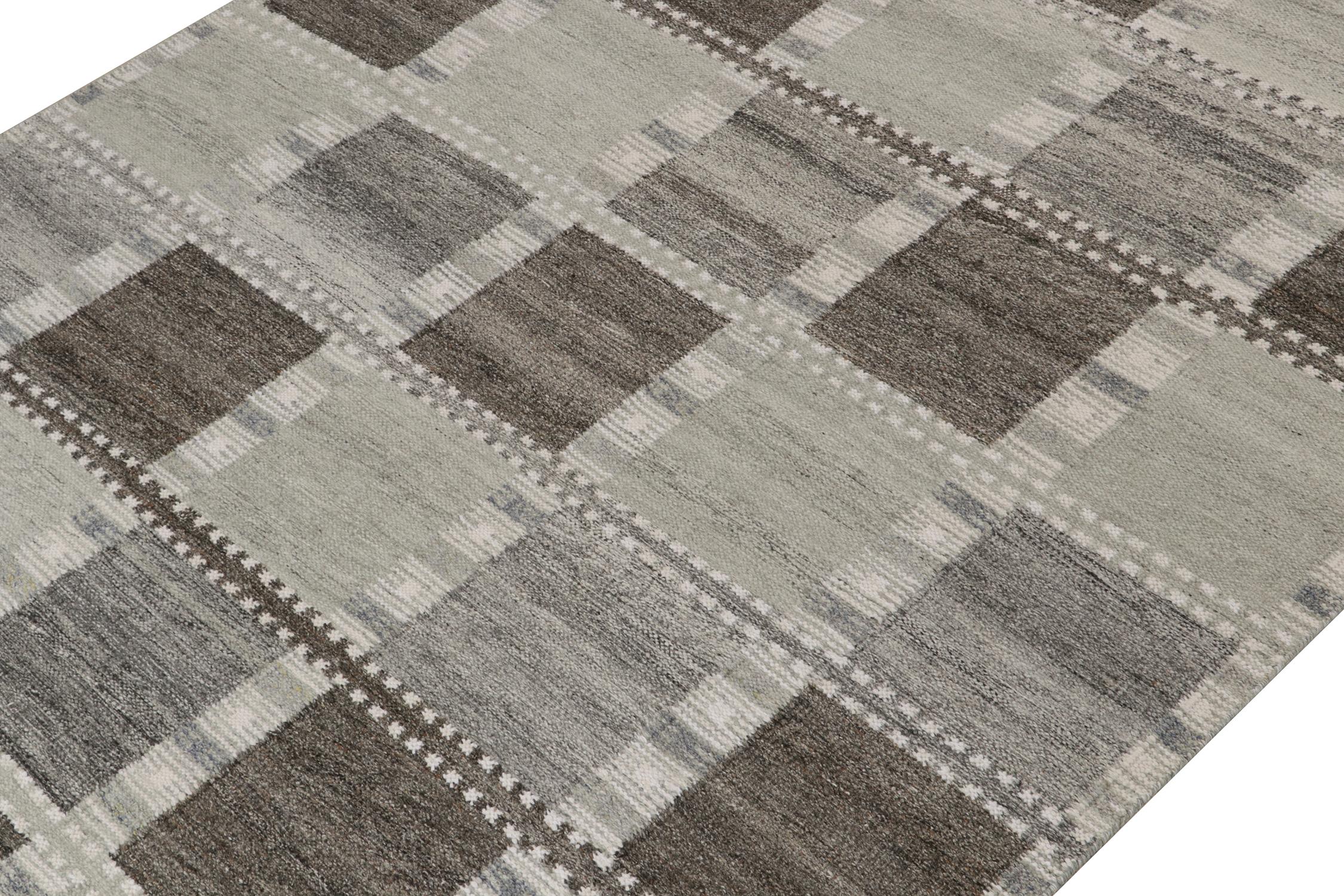 Indian Rug & Kilim’s Scandinavian Style Outdoor Kilim in Gray & Brown Geometric Pattern For Sale