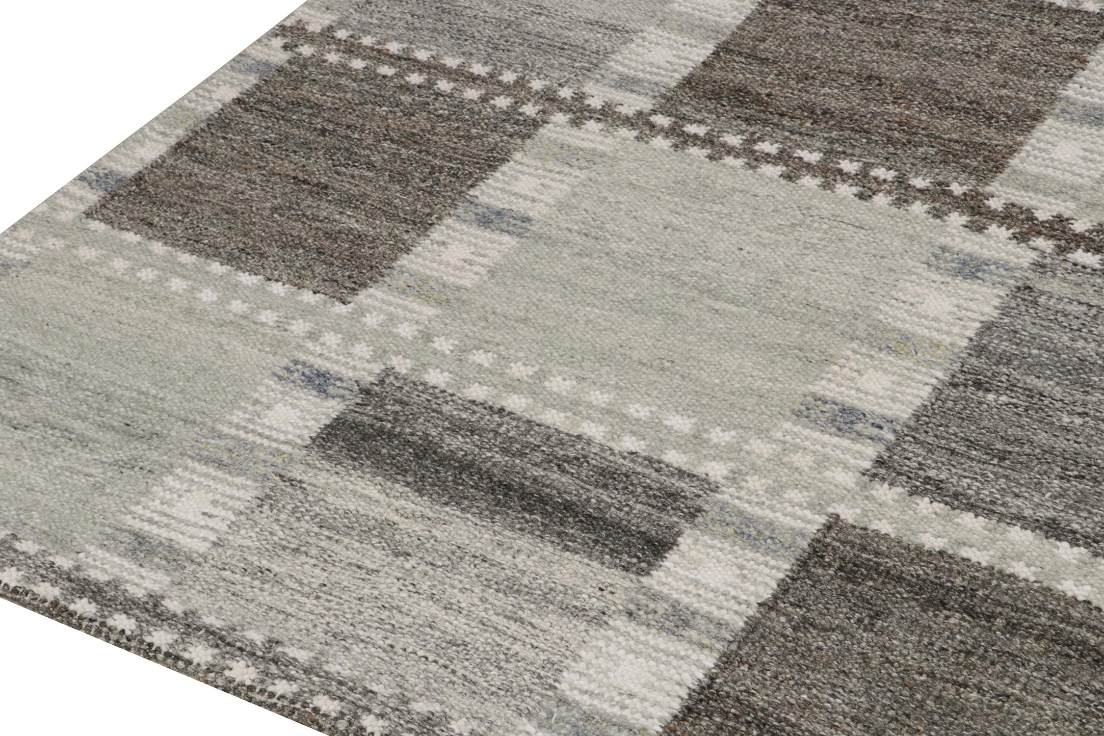 Hand-Knotted Rug & Kilim’s Scandinavian Style Outdoor Kilim in Gray & Brown Geometric Pattern For Sale