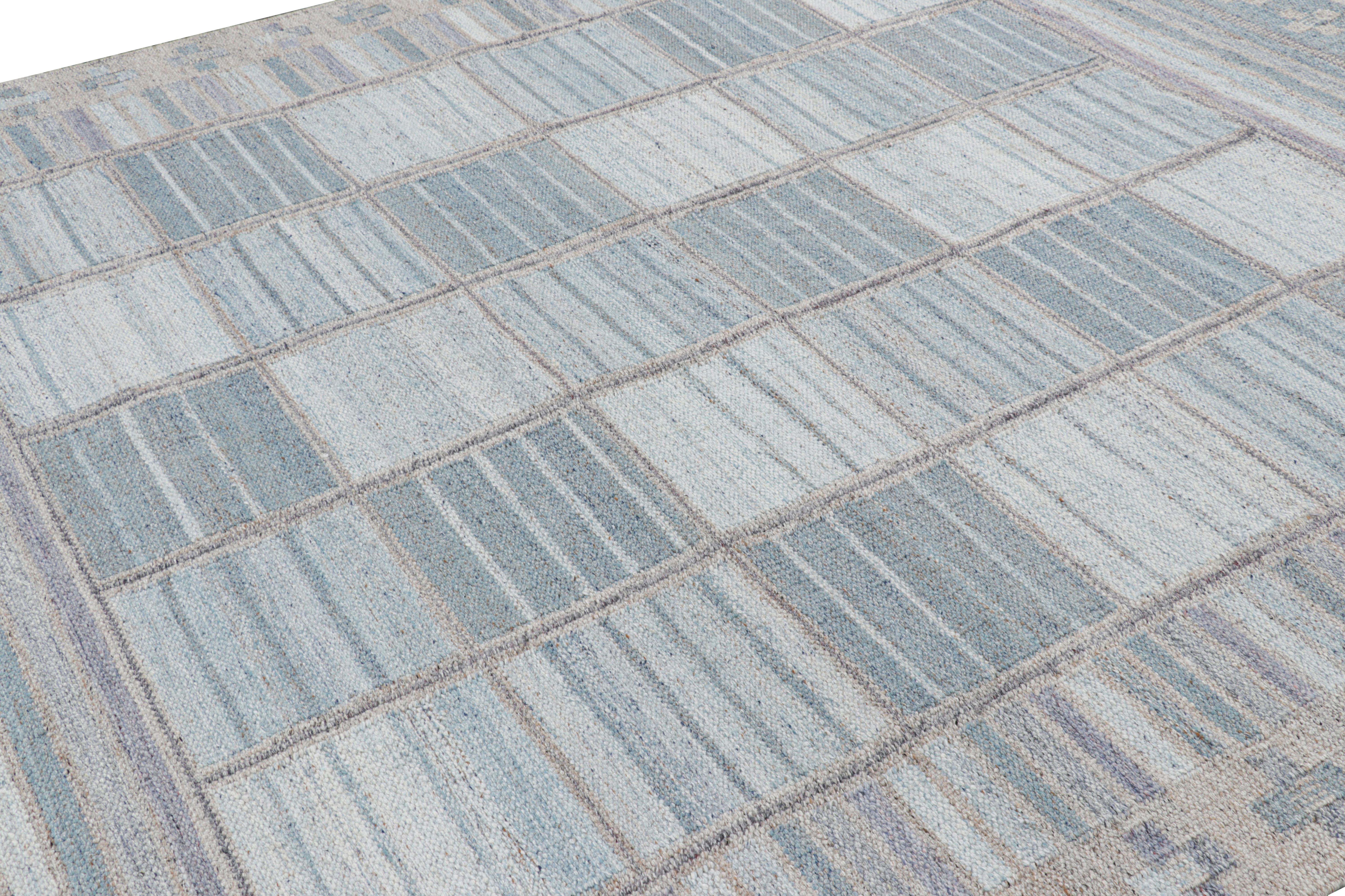 This 8x10 Scandinavian kilim, hand woven in performance polyester, from our celebrated flat weave texture of the titular, award-winning collection, enjoys the finesse of Swedish aesthetics with a dextrous geometric pattern.

On the design: