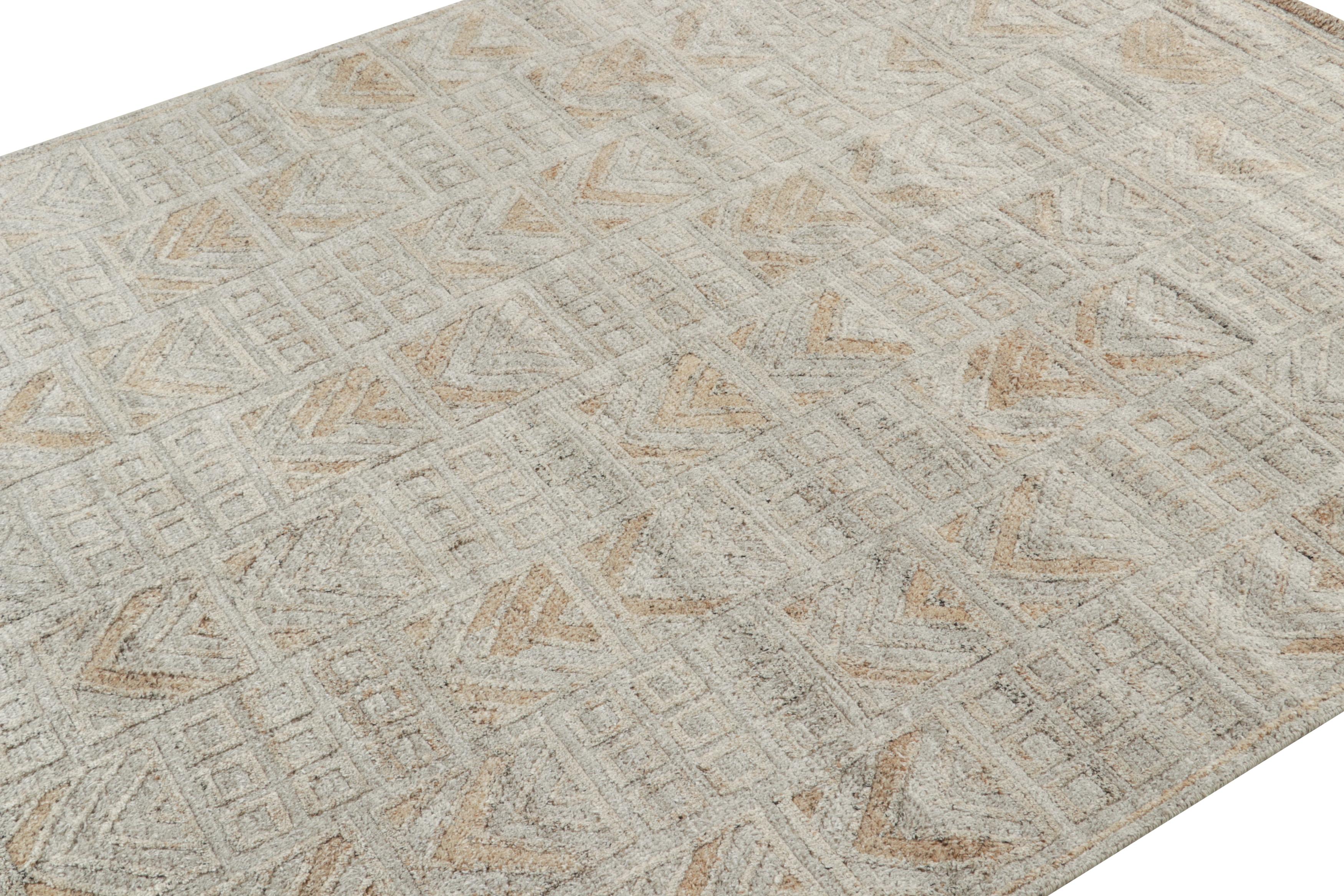 A 9x12 Swedish outdoor style pile rug from our award-winning Scandinavian collection. Handwoven in performance polyester. 

On the Design: 

This rug enjoys a smart sense of movement with crisp geometric patterns in beige and brown on a soothing