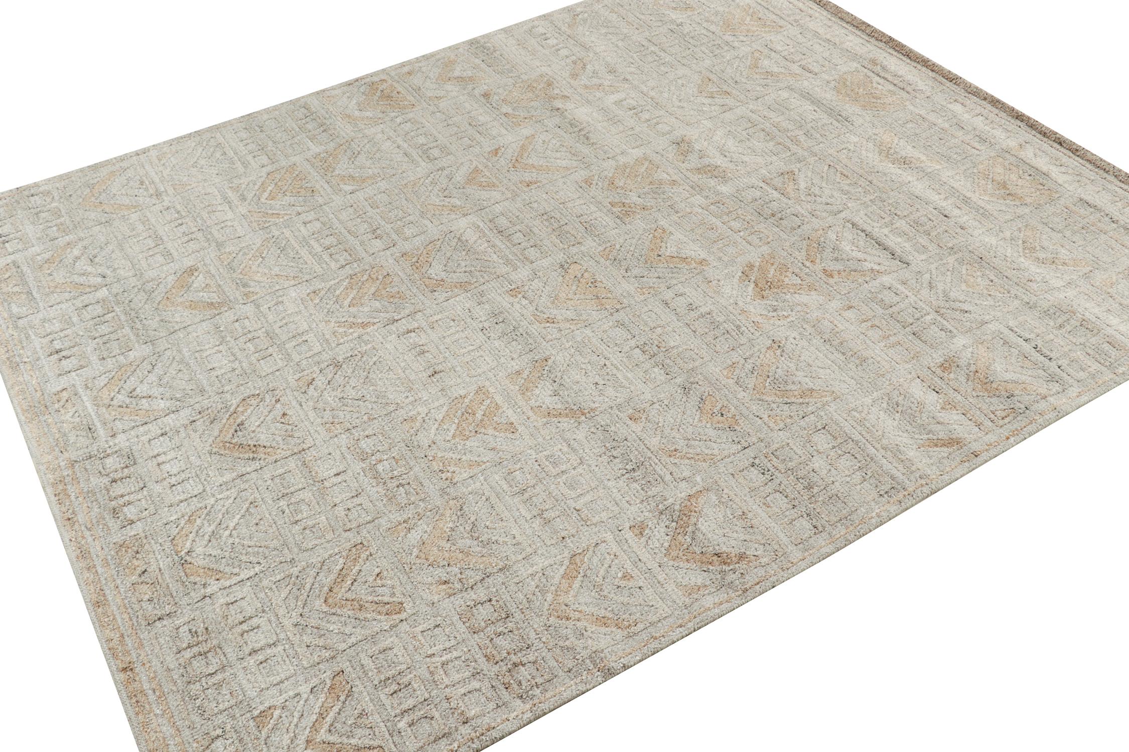 An 8x10 Swedish outdoor style pile rug from our award-winning Scandinavian collection. Handwoven in performance polyester. 
On the Design: 
This rug enjoys a smart sense of movement with crisp geometric patterns in beige and brown on a soothing