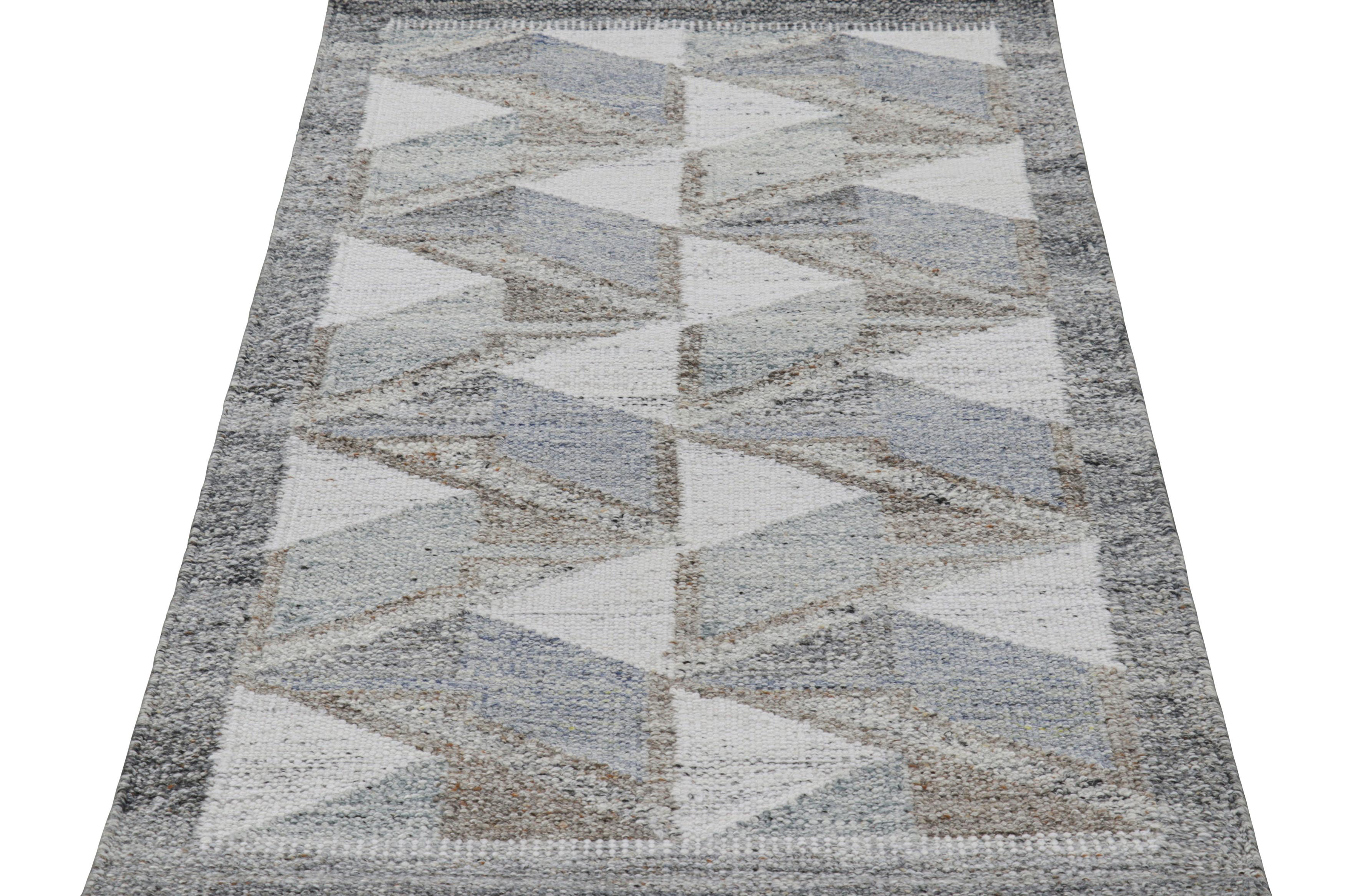 Indian Rug & Kilim’s Scandinavian Style Outdoor Rug with Blue & Gray Geometric Pattern For Sale