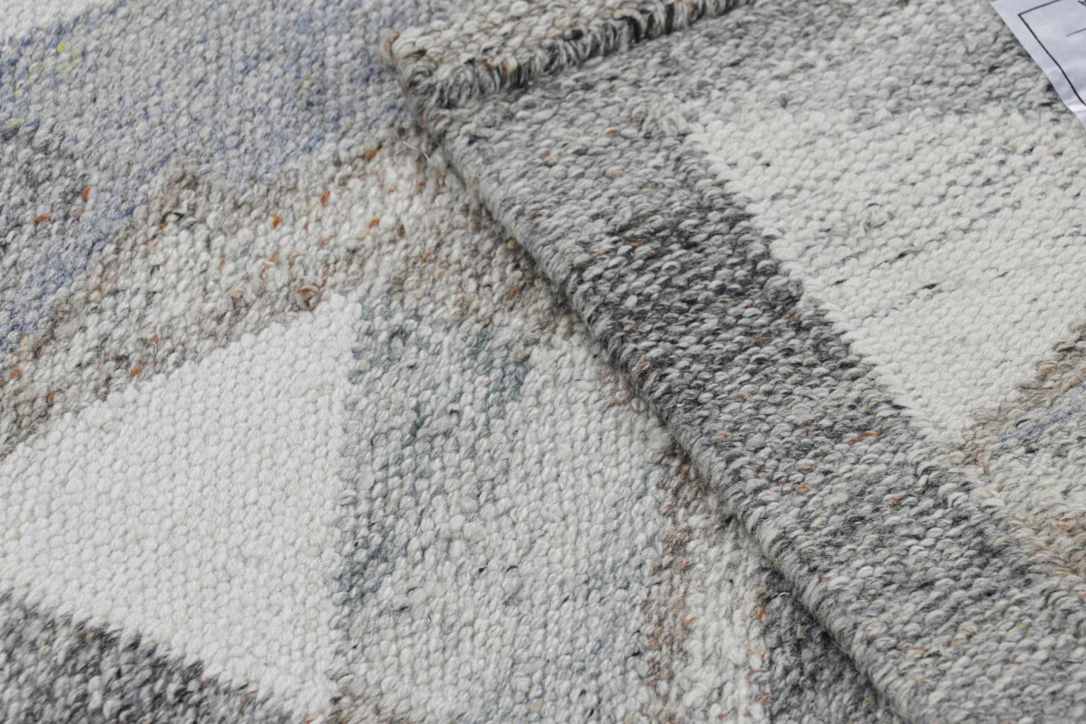 Contemporary Rug & Kilim’s Scandinavian Style Outdoor Rug with Blue & Gray Geometric Pattern For Sale