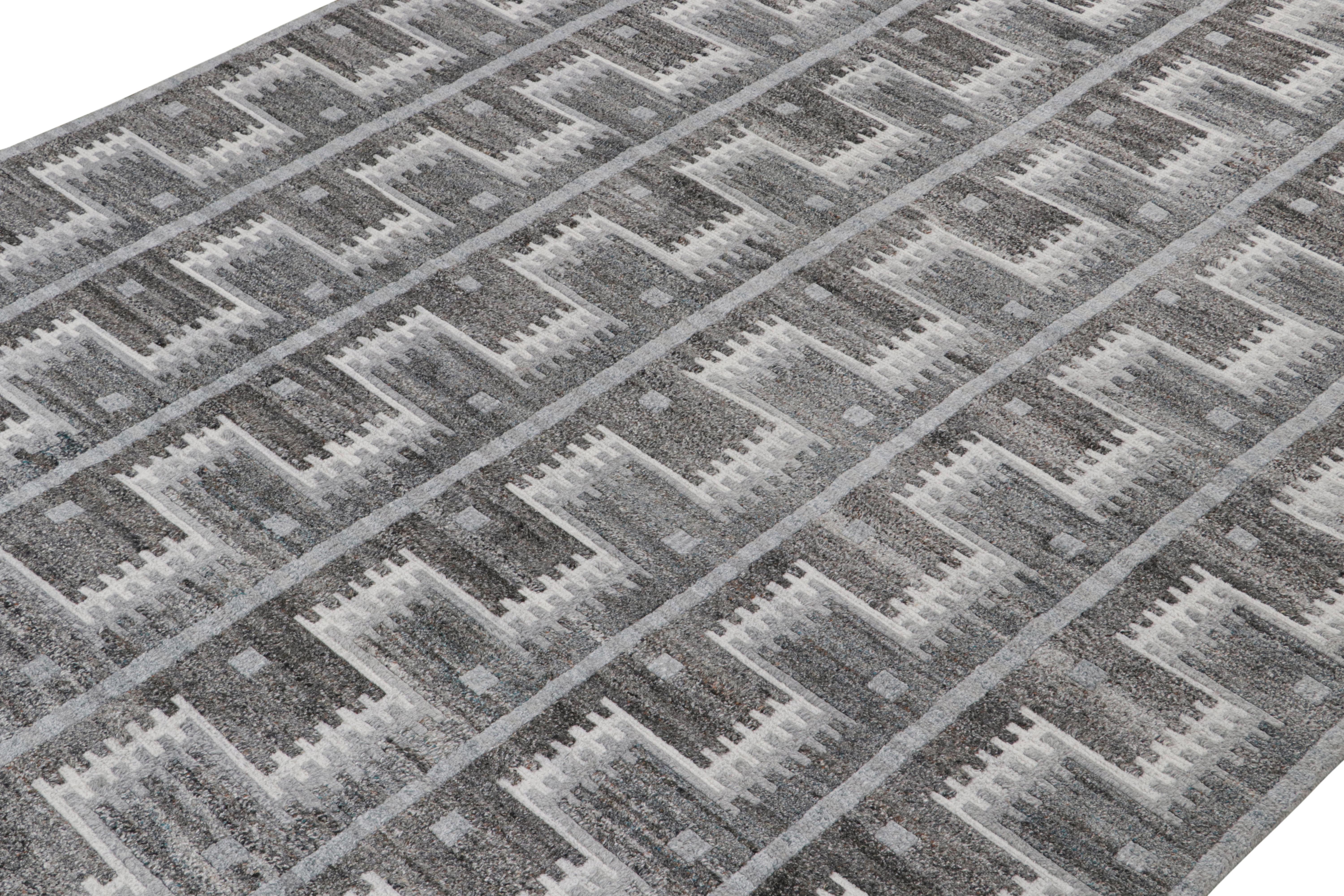 This 10x14 indoor-outdoor rug is a bold new addition to the Scandinavian Collection by Rug & Kilim. hand knotted in performance polyester, its design reflects a contemporary take on Swedish Deco style.

Its colorway favors a unique play of