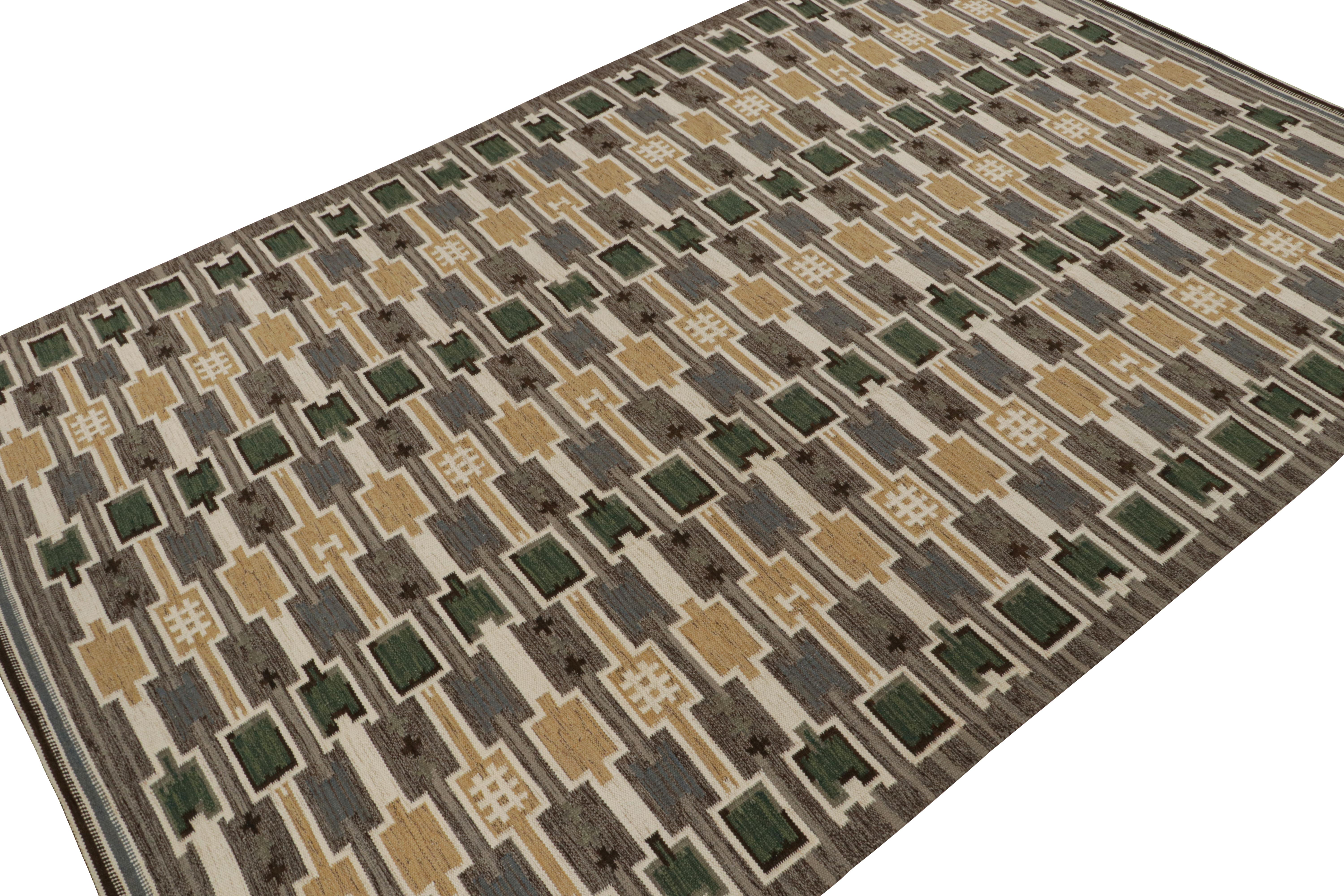 Este Kilim sobredimensionado de 11x18 pertenece a la galardonada colección escandinava de tejido plano de Rug & Kilim.  Tejida a mano en lana, algodón e hilos naturales, su diseño se inspira en las alfombras Rollakhan y Rya de estilo Decó sueco.