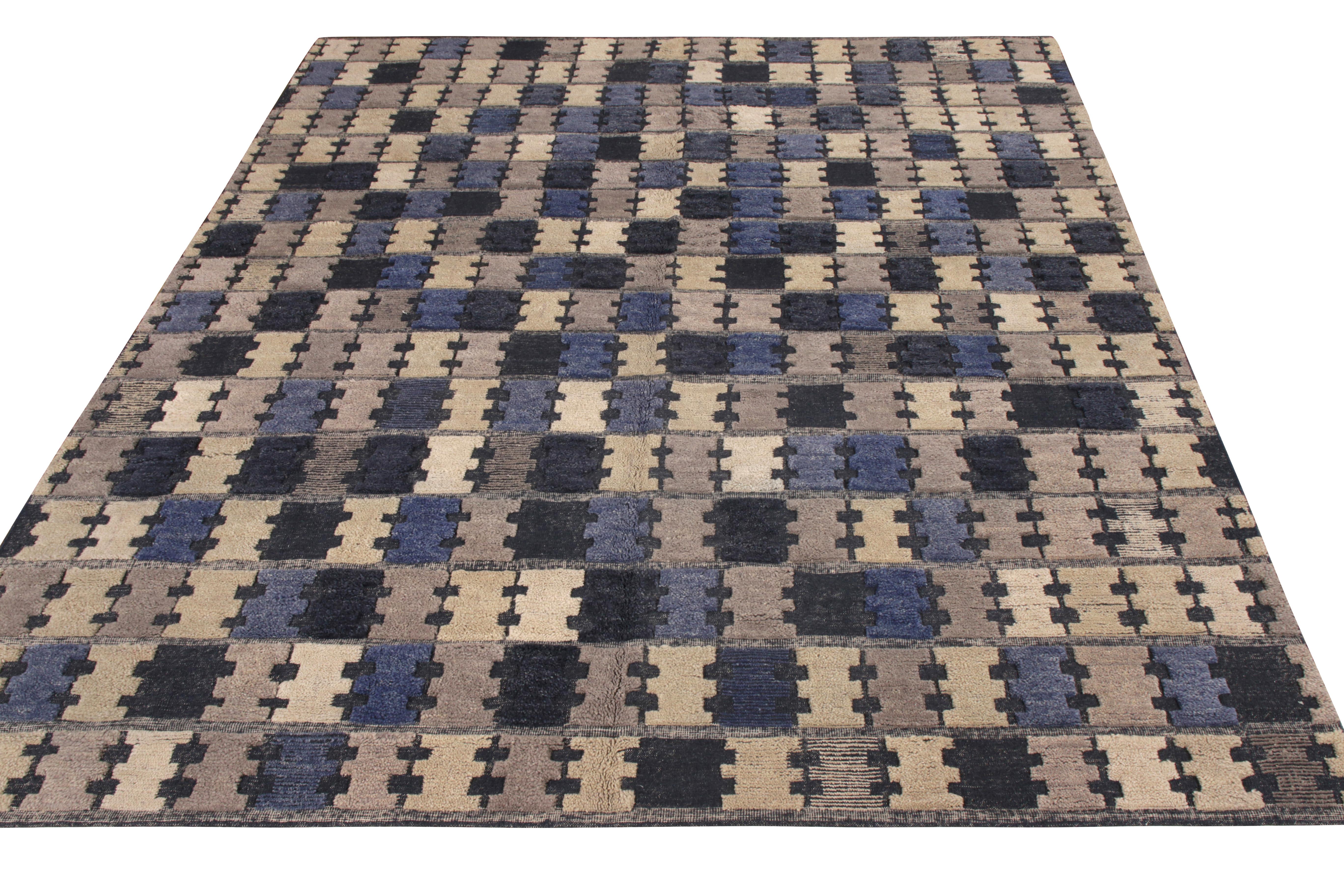 Inviting and rich in feel, this 9x11 rug is an alluring addition to Rug & Kilim’s Scandinavian Collection. The rug relishes a clean abrashed look from its high low pile that transitions across the scale in a refined geometric pattern. The thoughtful