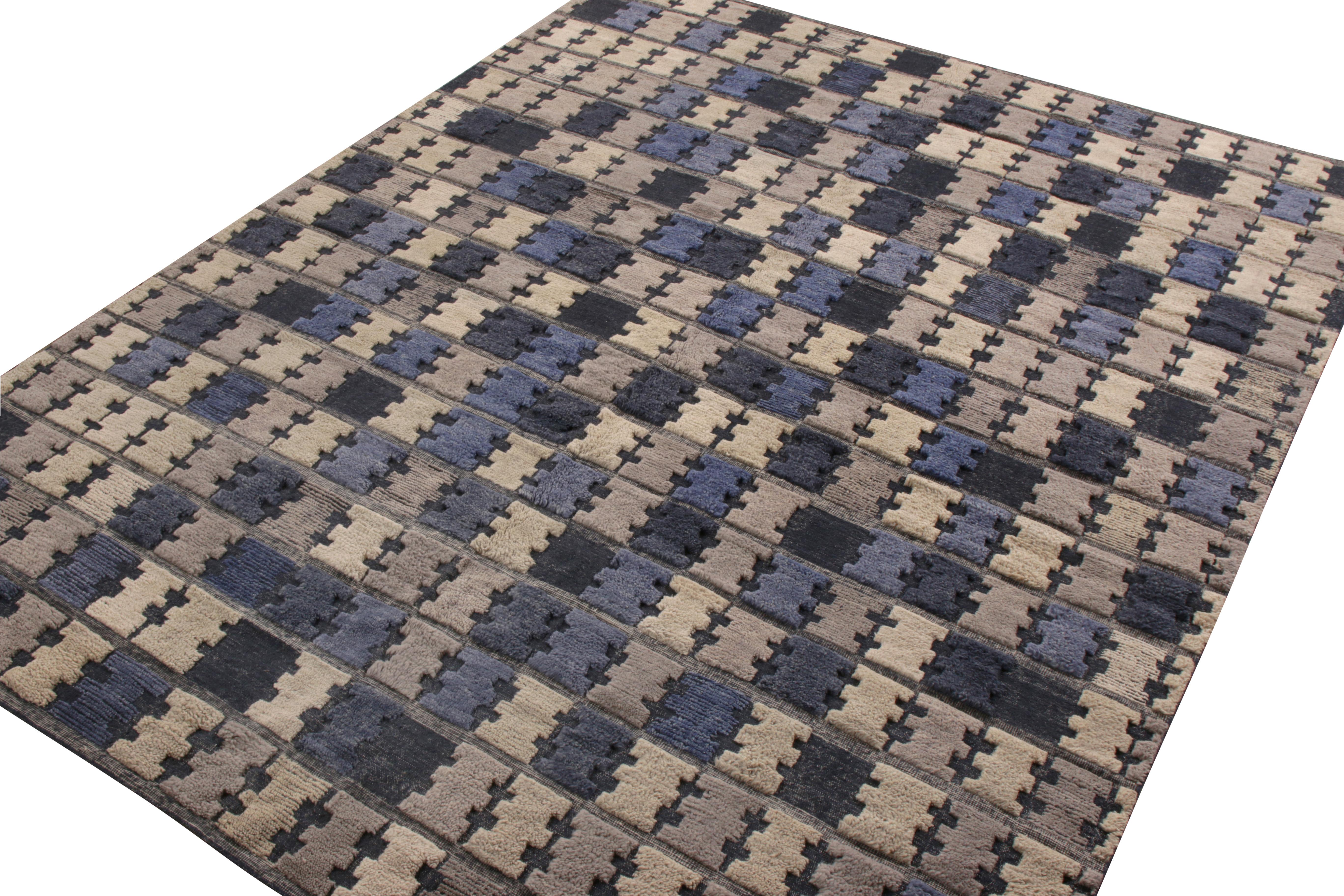 Scandinavian Modern Rug & Kilim’s Scandinavian Style Pile Rug in Blue and Gray Geometric Pattern For Sale