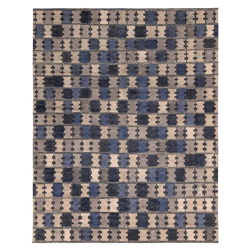 Rug and Kilim’s Scandinavian Style Geometric Silver Gray and Blue Wool ...