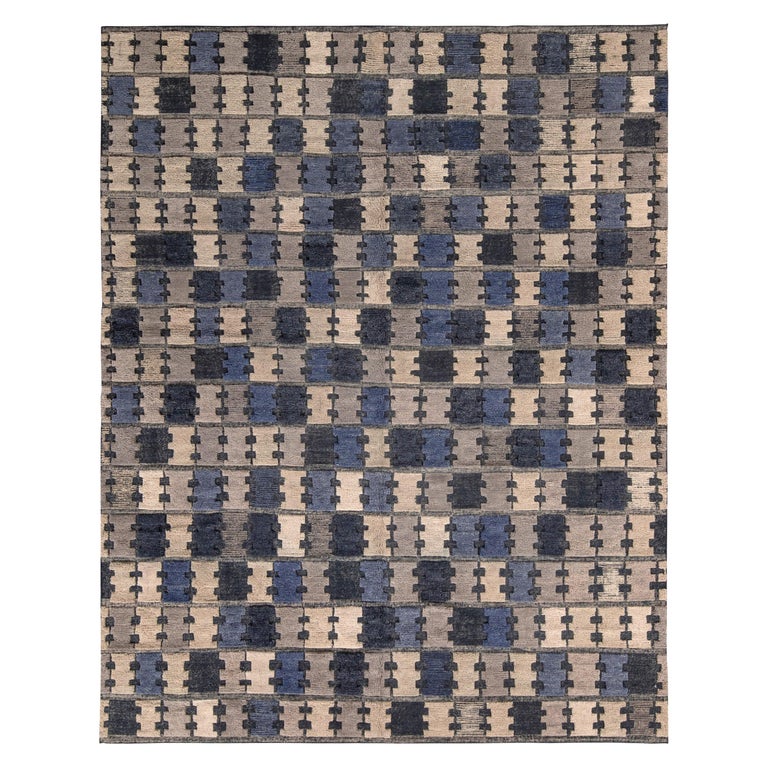 Rug and Kilim's Scandinavian Pile Rug in Gold and Ivory Geometric Pattern  at 1stDibs