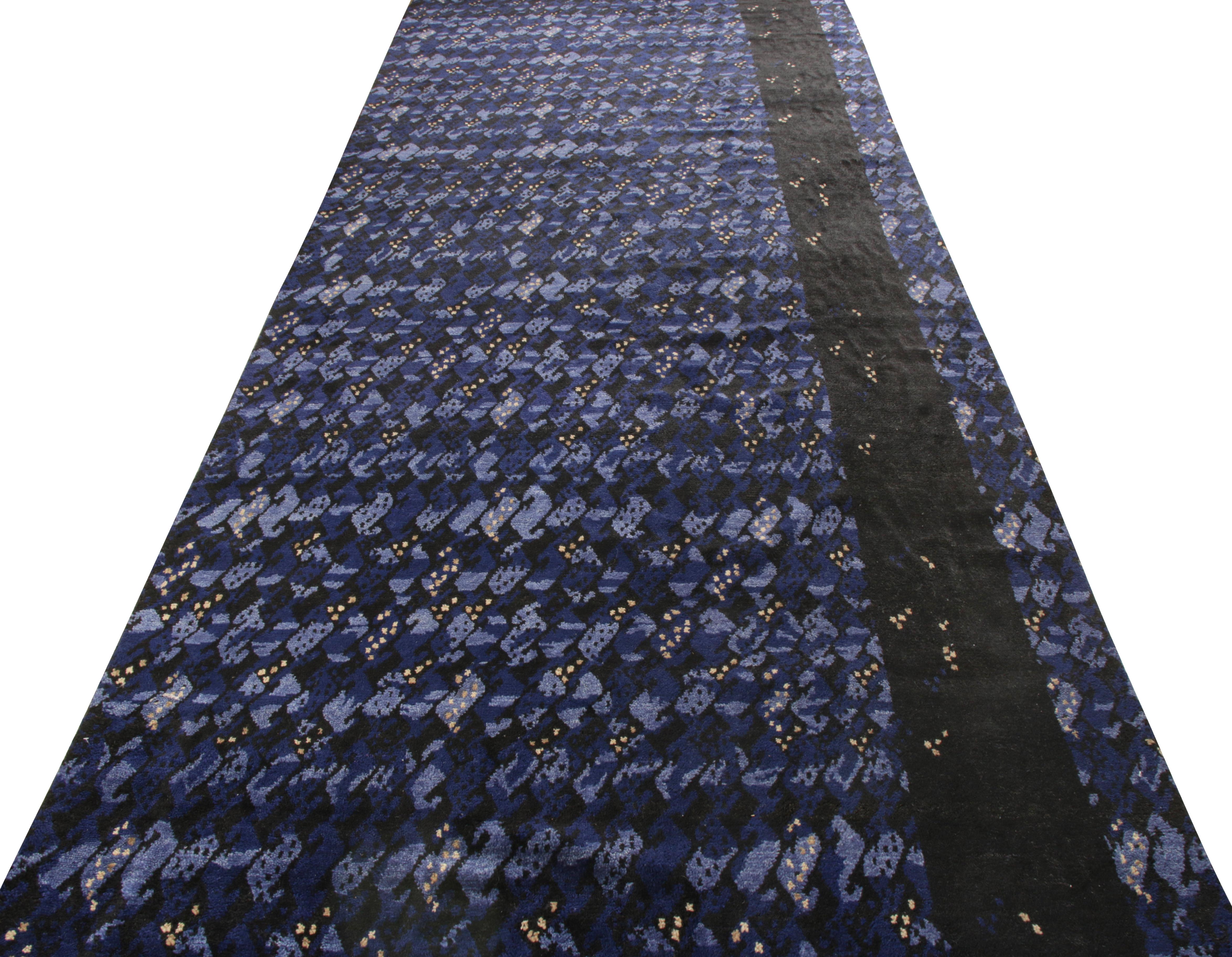 A 6 x 16 rug from Rug & Kilim’s Scandinavian pile line, reinstating the textural sensibilities of Swedish Modernism With a repetitive geometric pattern prevailing in hues of blue and black lending an enticing sense of movement. Hand knotted in wool,