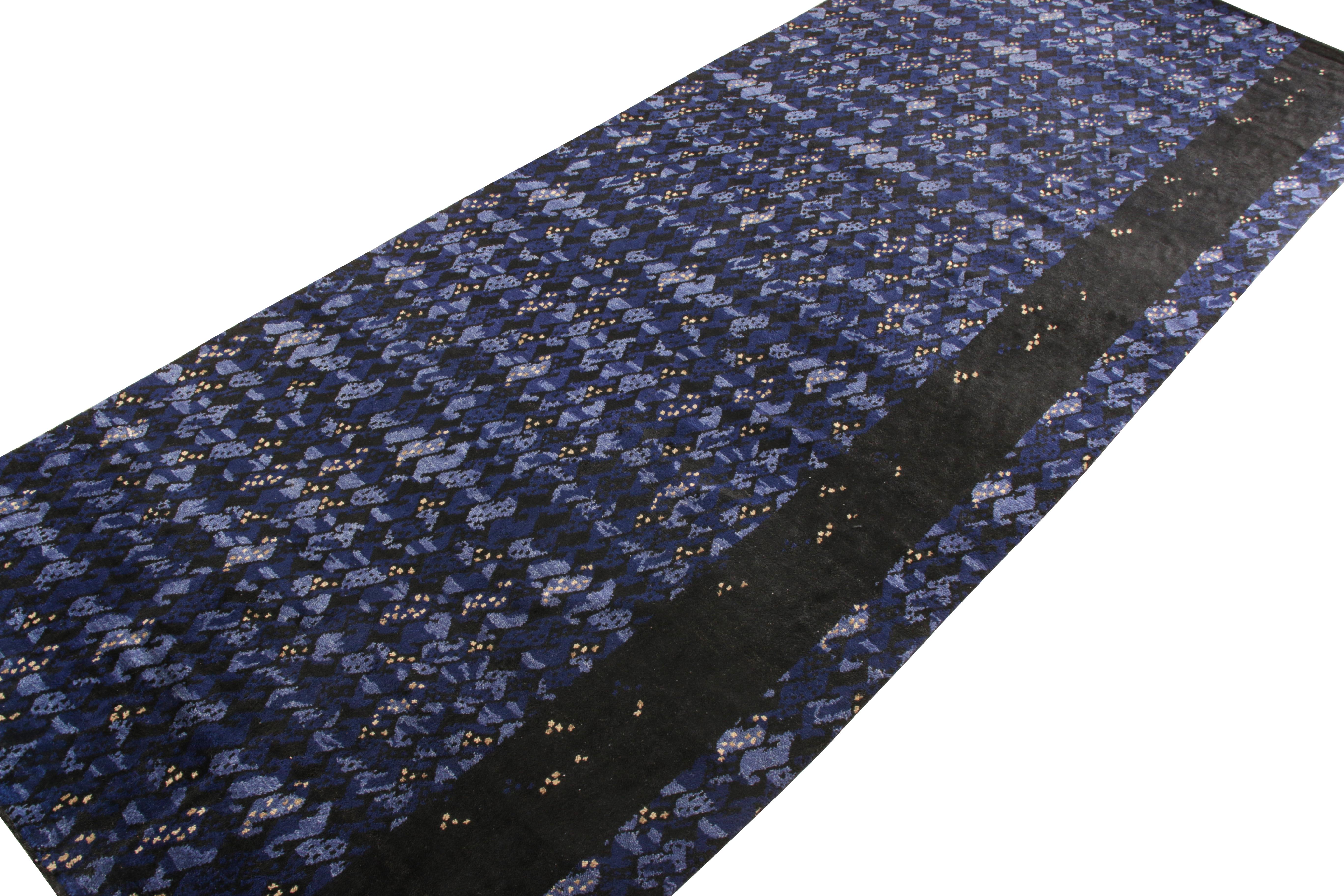 Modern Rug & Kilim’s Scandinavian Style Rug all over Blue, Black Geometric Pattern For Sale