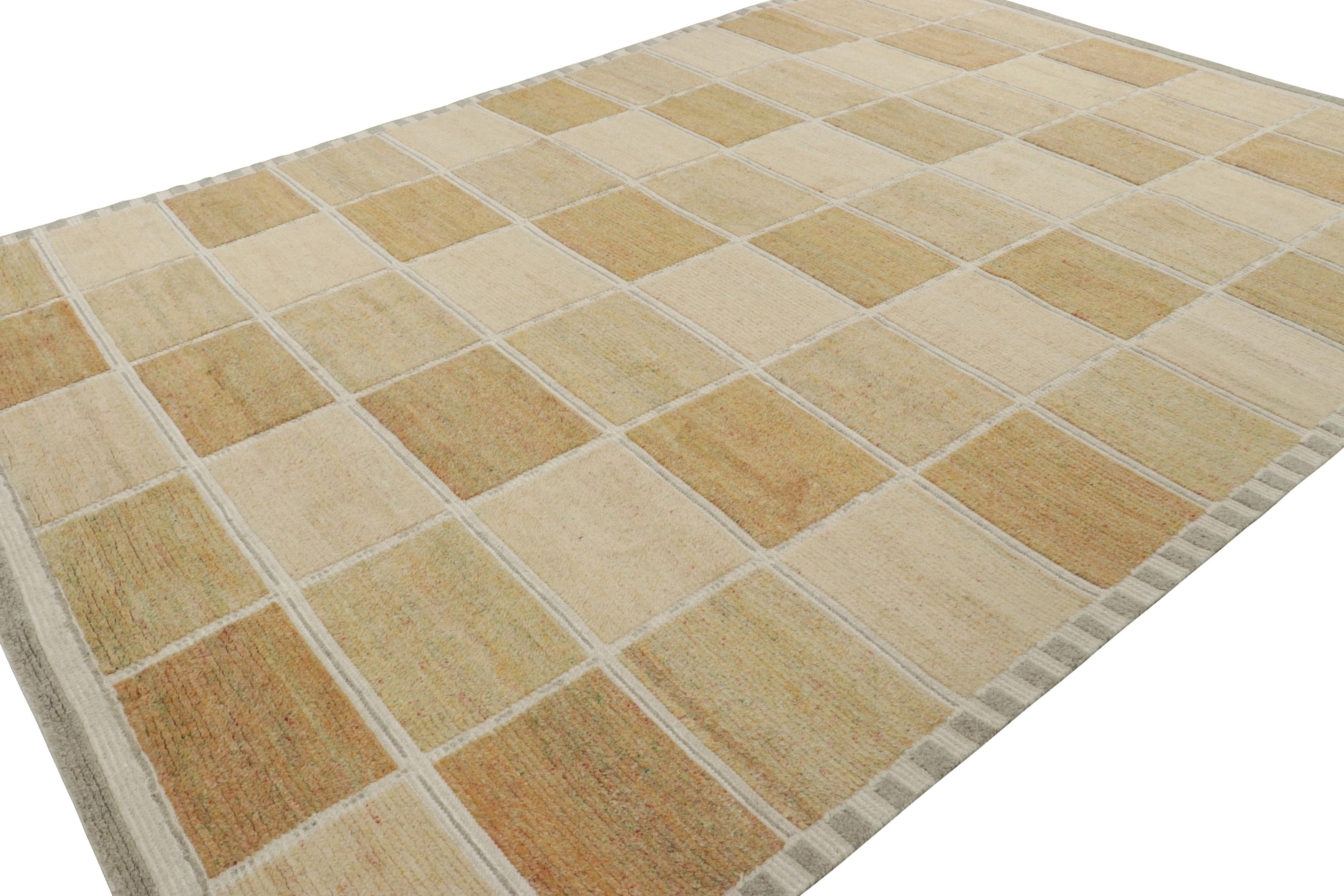 Indian Rug & Kilim’s Scandinavian Style Rug, Beige-brown with Square Geometric Patterns For Sale