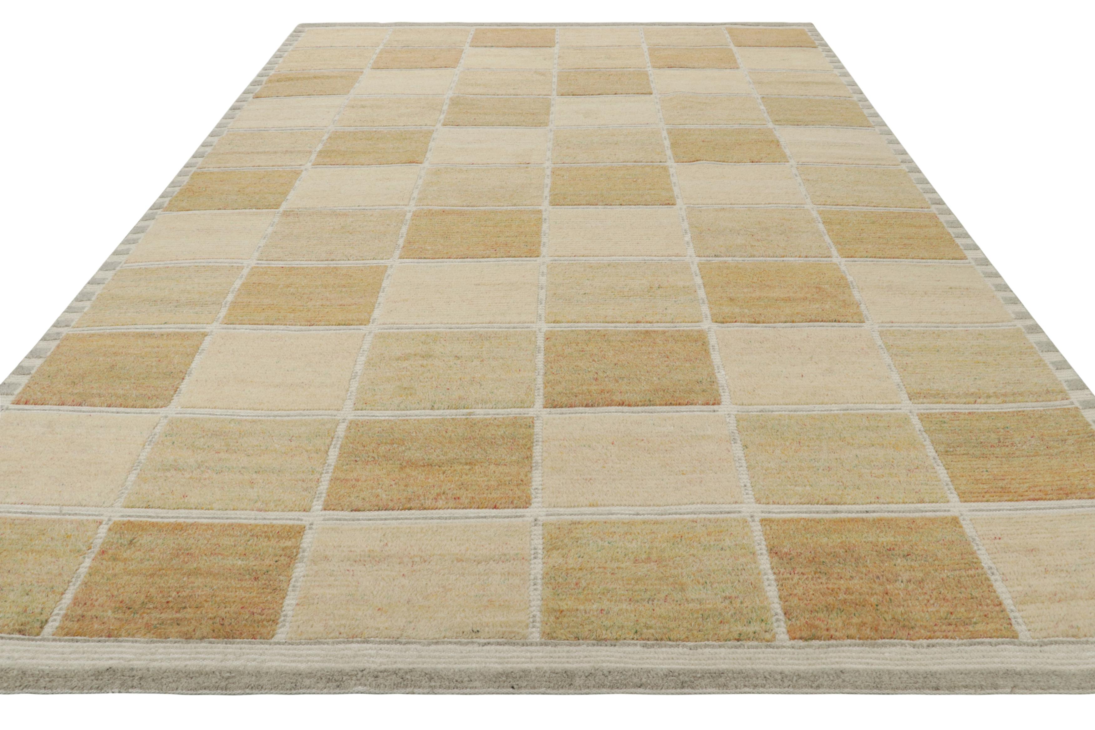Hand-Knotted Rug & Kilim’s Scandinavian Style Rug, Beige-brown with Square Geometric Patterns For Sale