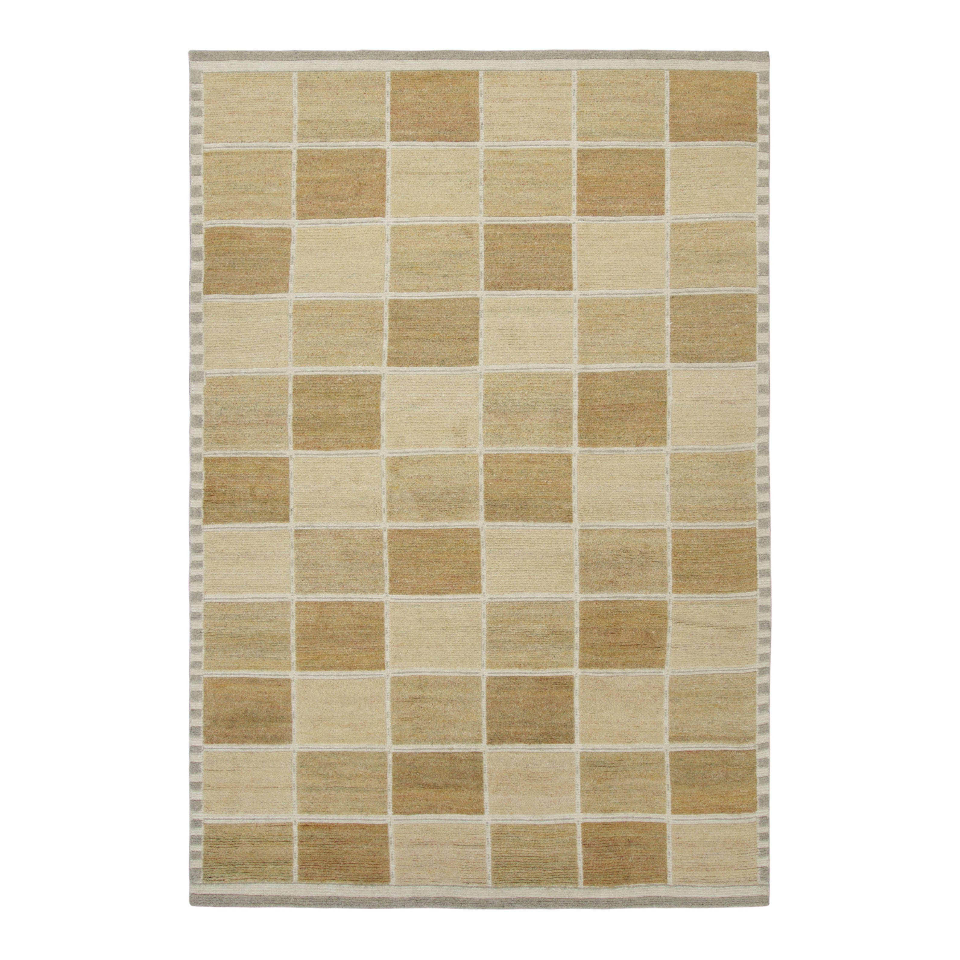 Rug & Kilim's Scandinavian Style Rug, Beige-brown with Square Geometric Patterns (tapis de style scandinave à motifs géométriques carrés) en vente
