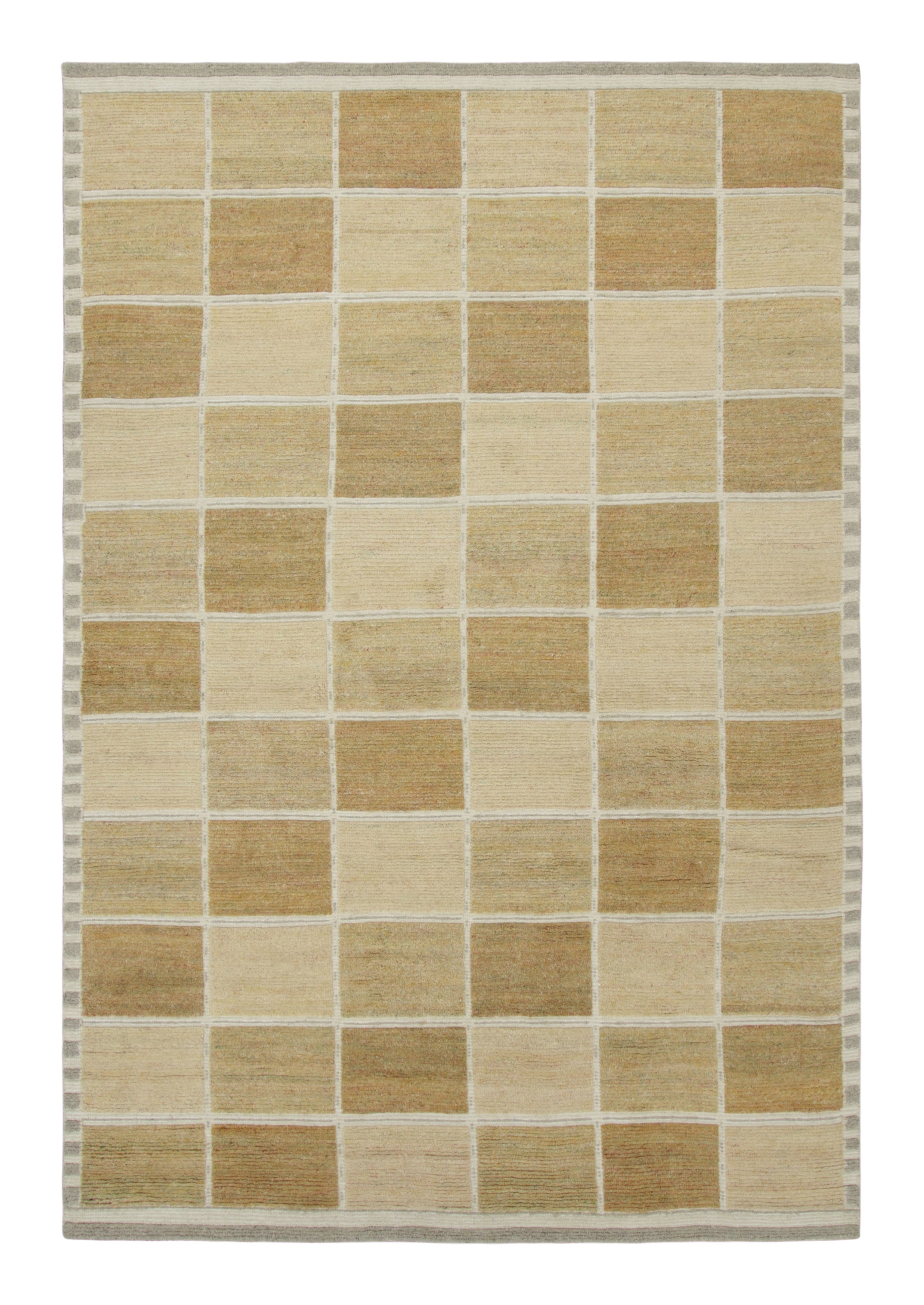 Rug & Kilim’s Scandinavian Style Rug, Beige-brown with Square Geometric Patterns For Sale