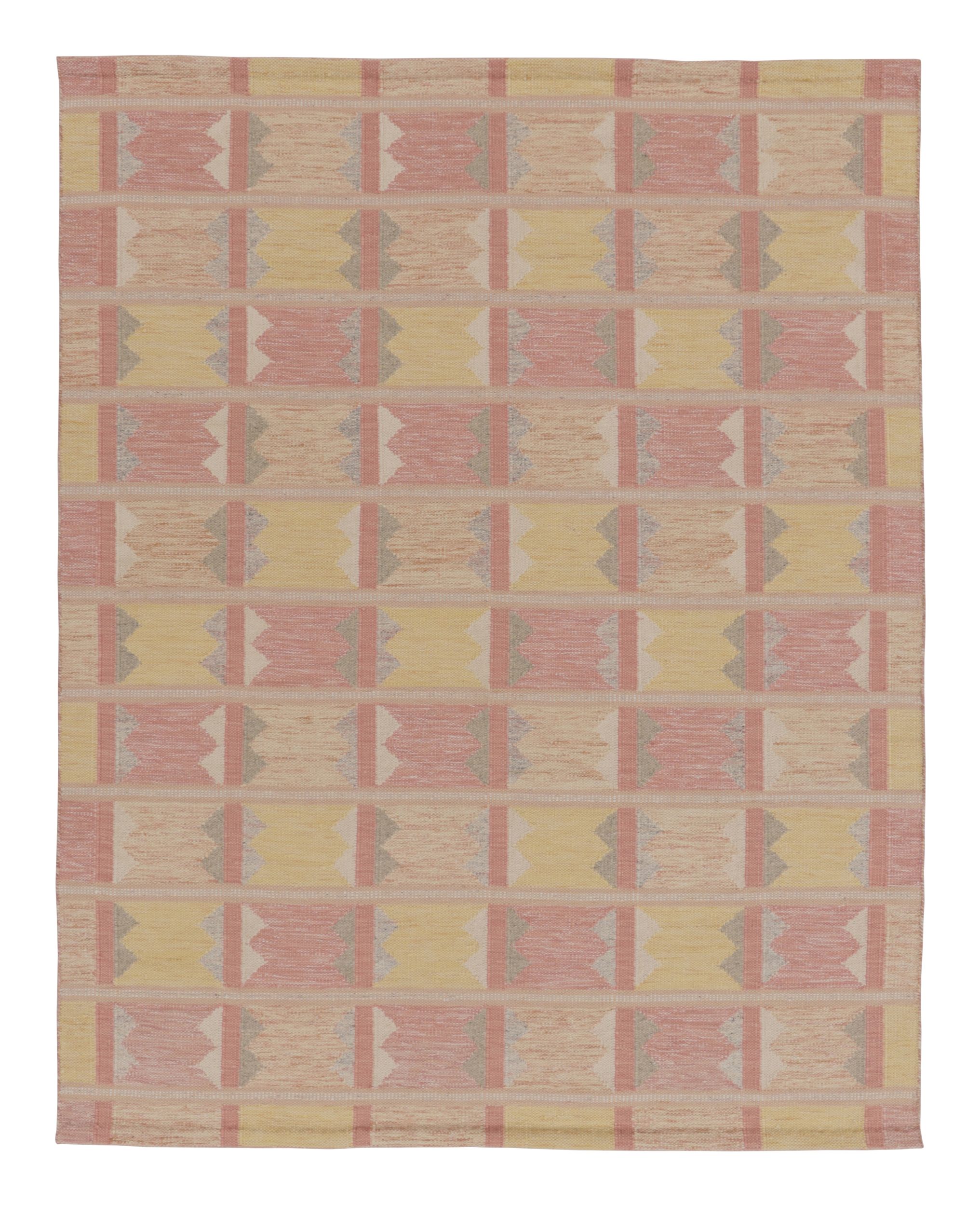 Rug & Kilim’s Scandinavian Style Rug, Geometric Patterns in Rose Pink & Yellow