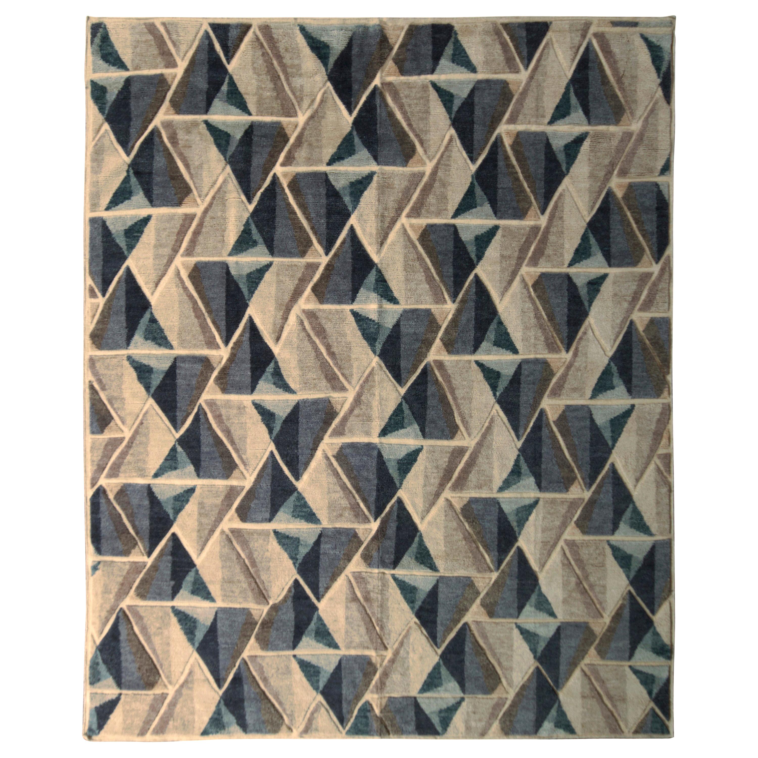 Rug & Kilim's Skandinavischer Teppich Geometrisch Silber-Grau Blau Individuell